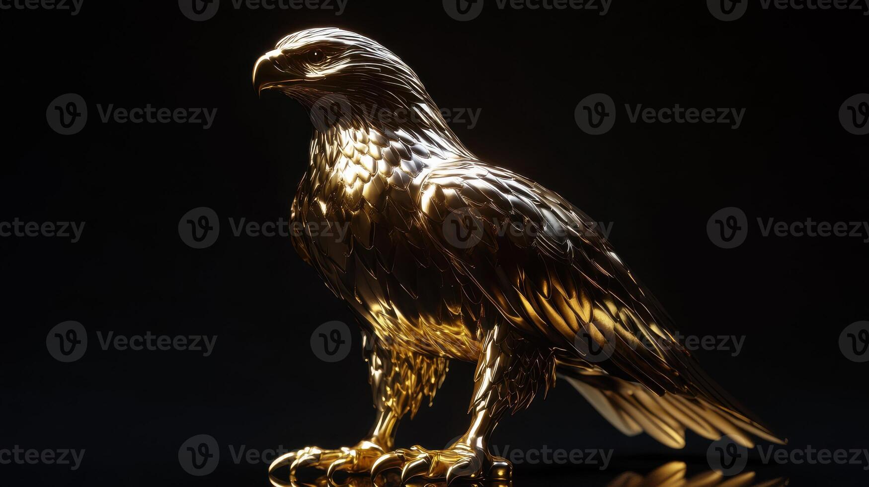 Golden sculpture of a majestic eagle captured in a studio with dramatic lighting at night photo