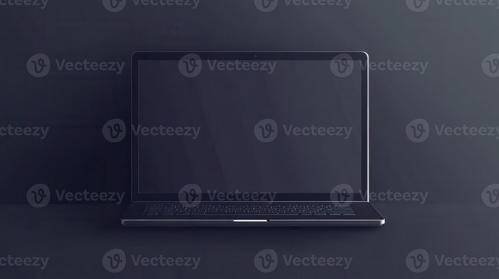 Modern laptop with blank screen on minimalistic desk background in a dimly lit room during evening hours photo