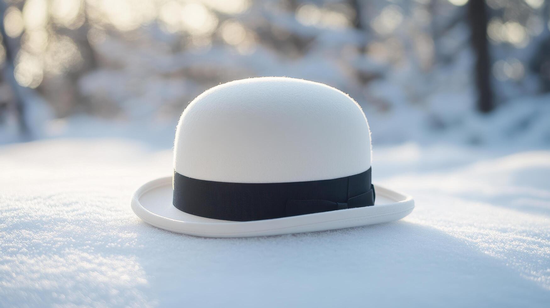 White bowler hat resting on a pristine snow surface under soft winter sunlight photo