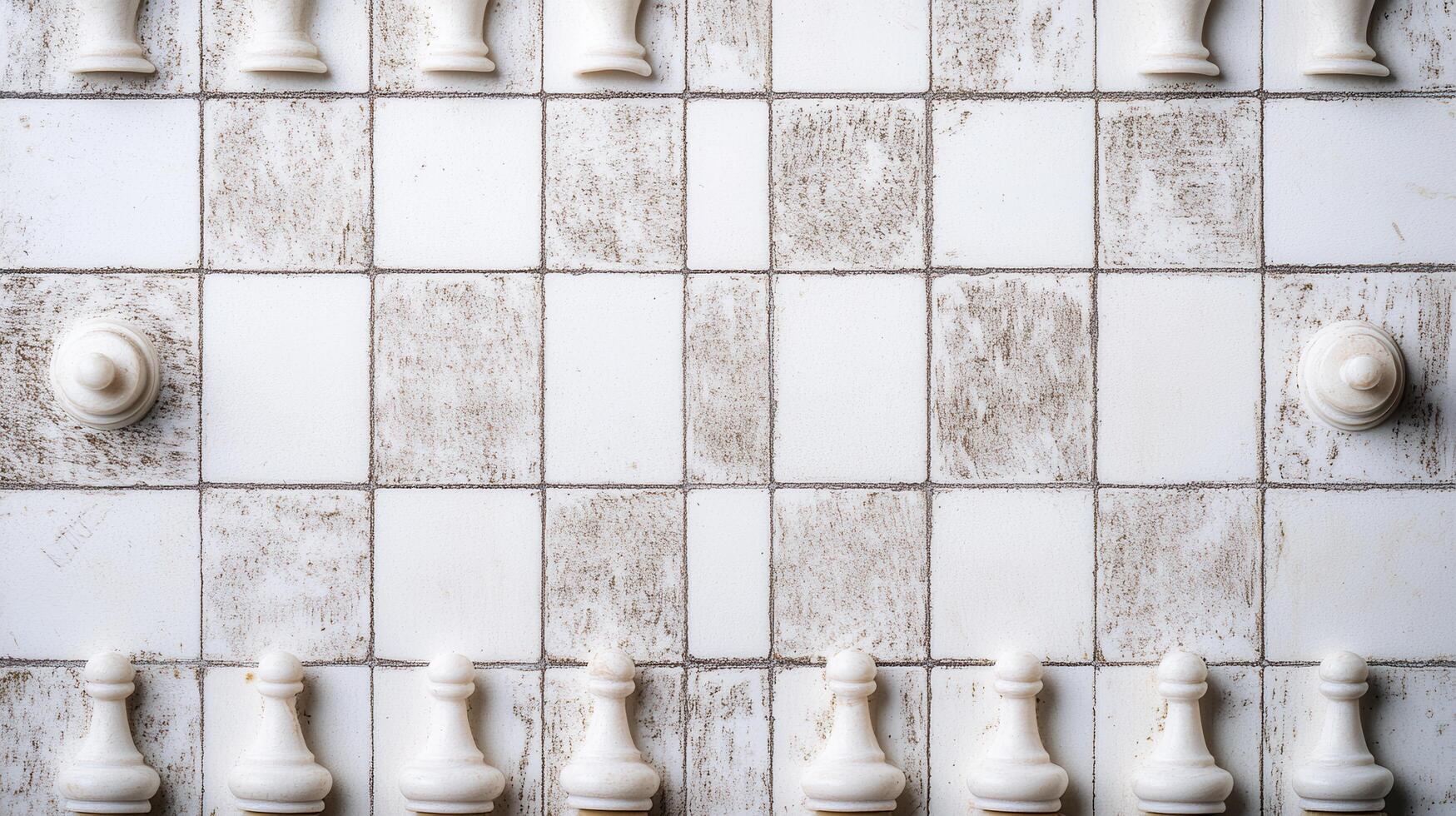 White chess pieces arranged on a distressed board ready for a strategic game of chess photo