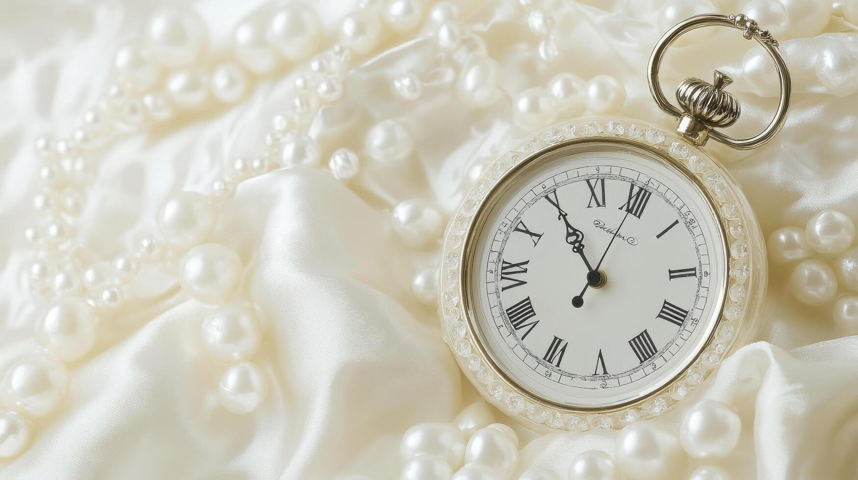 Vintage pocket watch resting on luxurious fabric with pearls, creating a timeless elegance in soft lighting photo