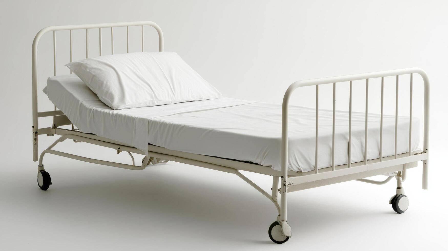 Hospital bed with white bedding in a simple setting for patient care photo