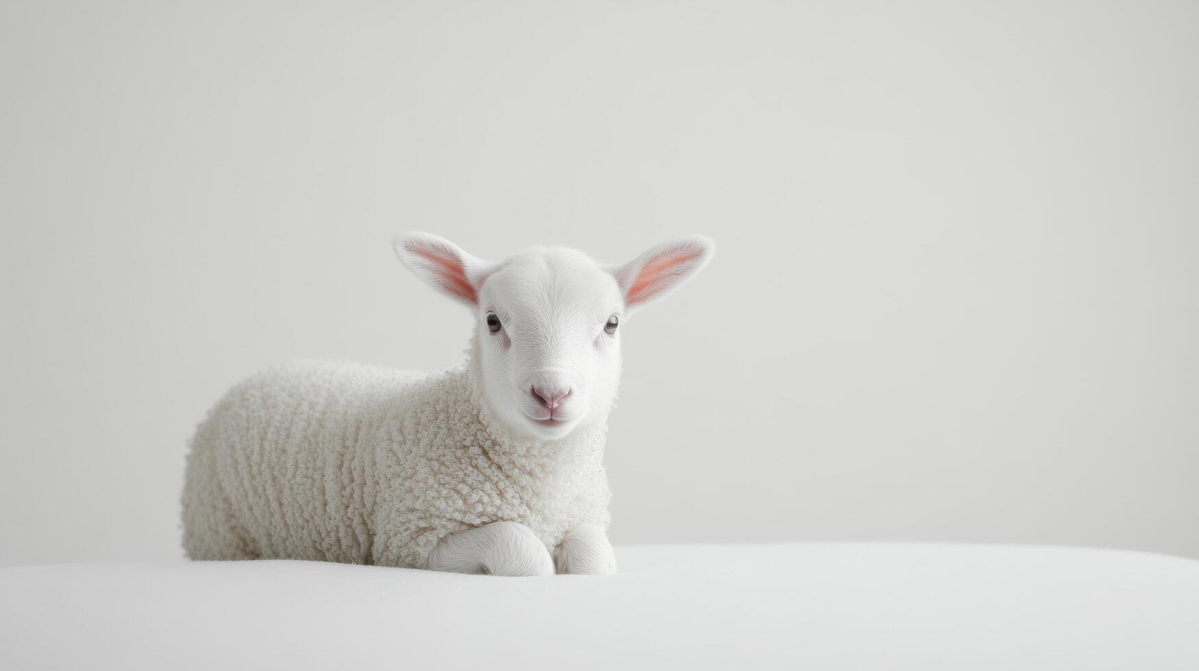 Cute white lamb lying on a soft surface with a calm expression in a bright indoor setting photo