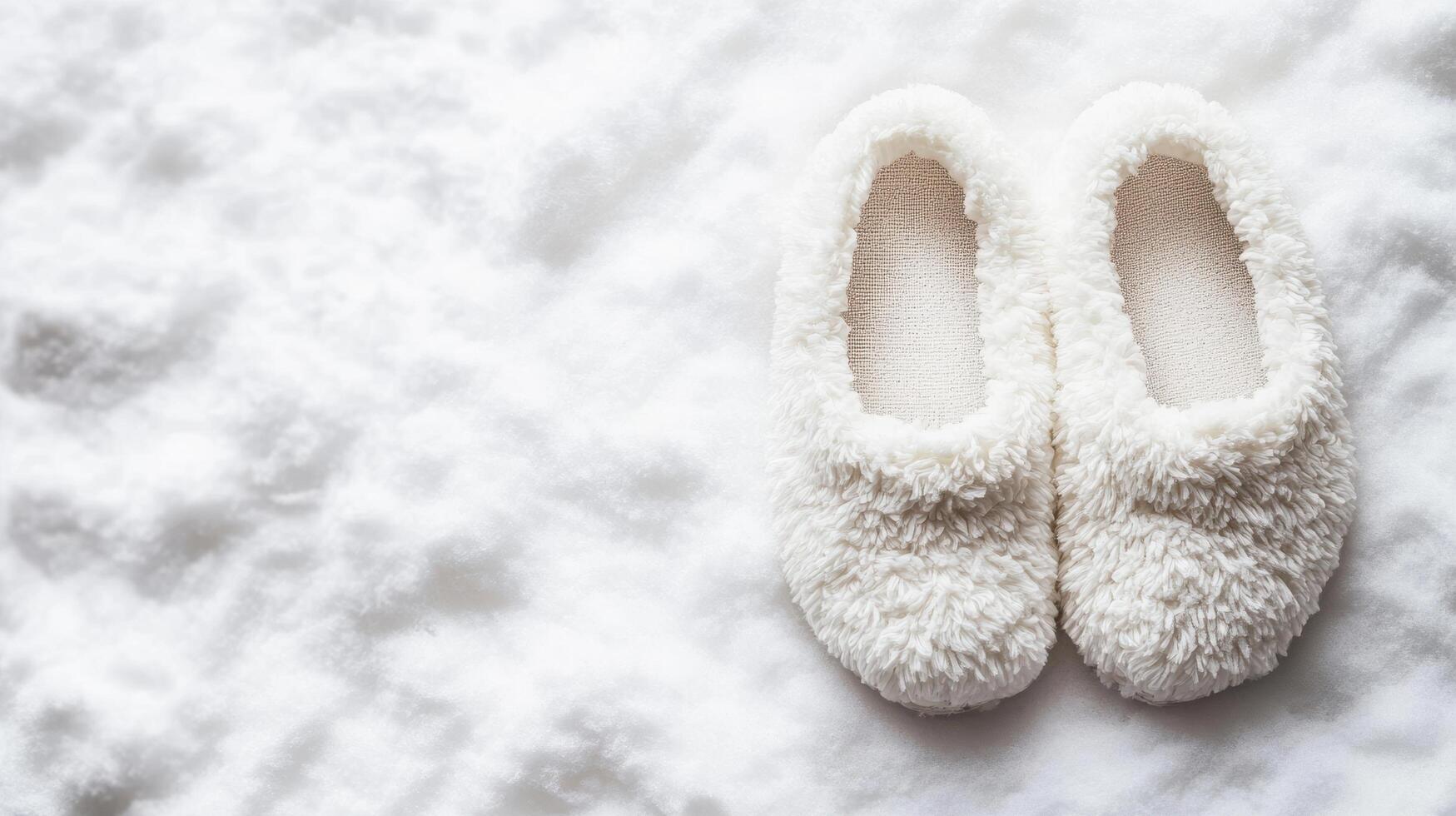 Cozy white slippers resting on a soft, snowy surface in a serene indoor setting during winter photo