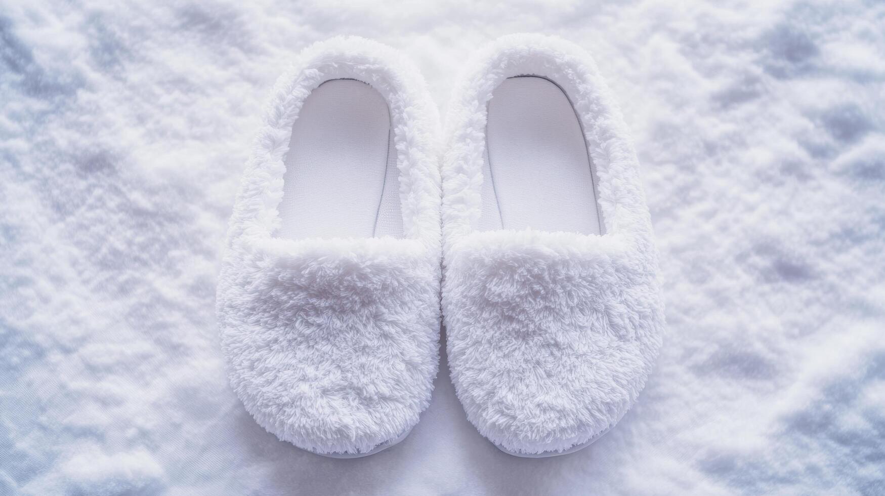 Cozy white fluffy slippers resting on a soft blanket in a well-lit indoor setting during the winter season photo