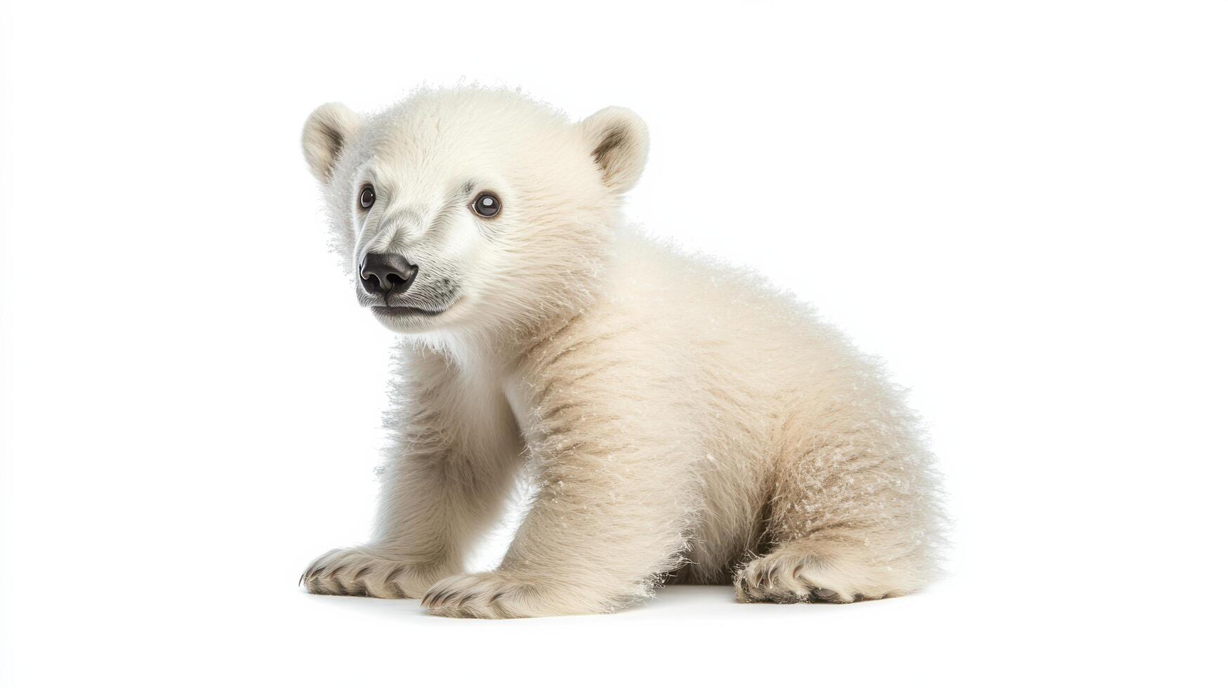 Playful polar bear cub sitting on a white background during a bright daylight moment in its natural habitat photo