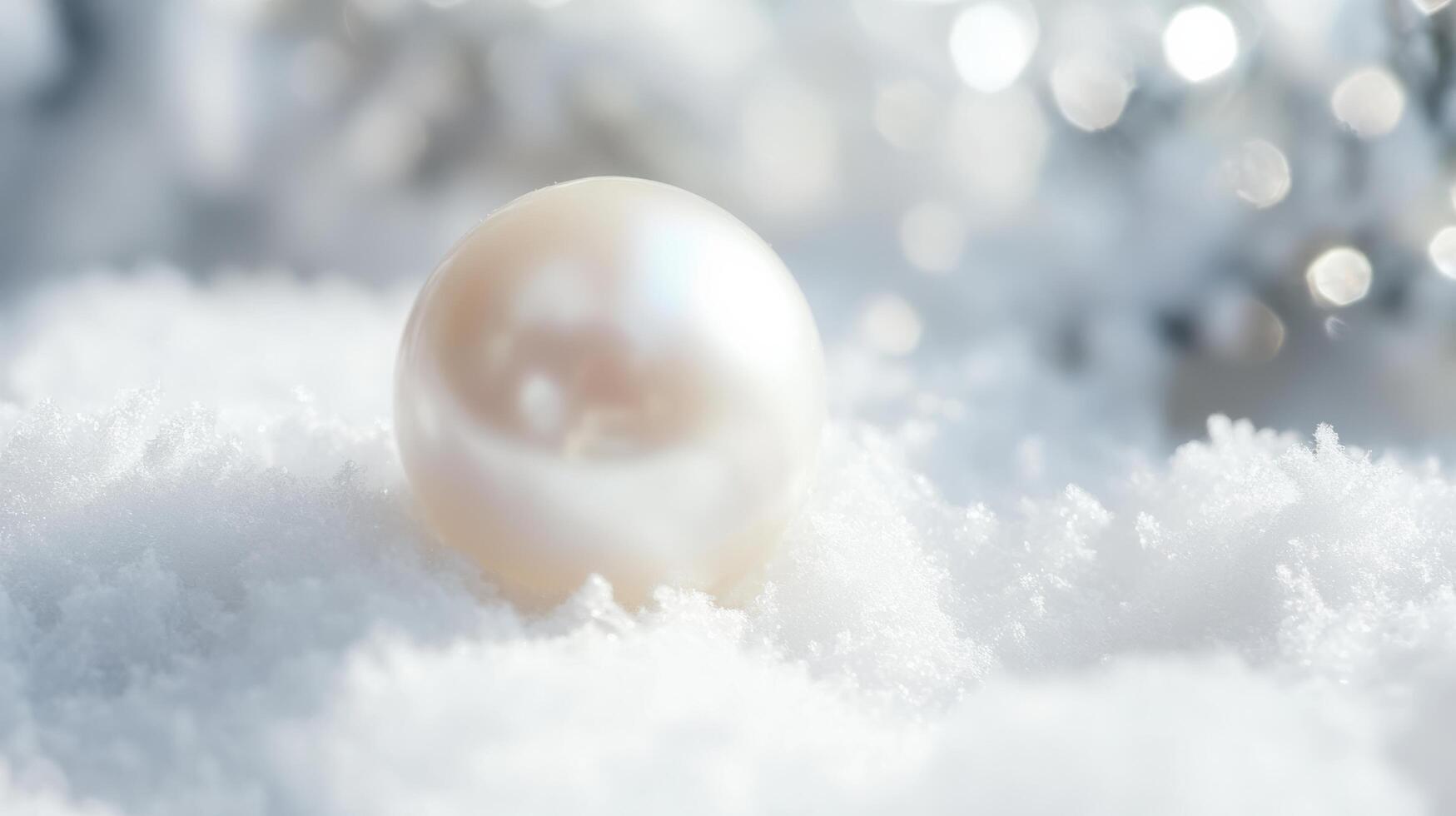 Intricate pearl resting on soft, white snowflakes in a tranquil winter setting photo
