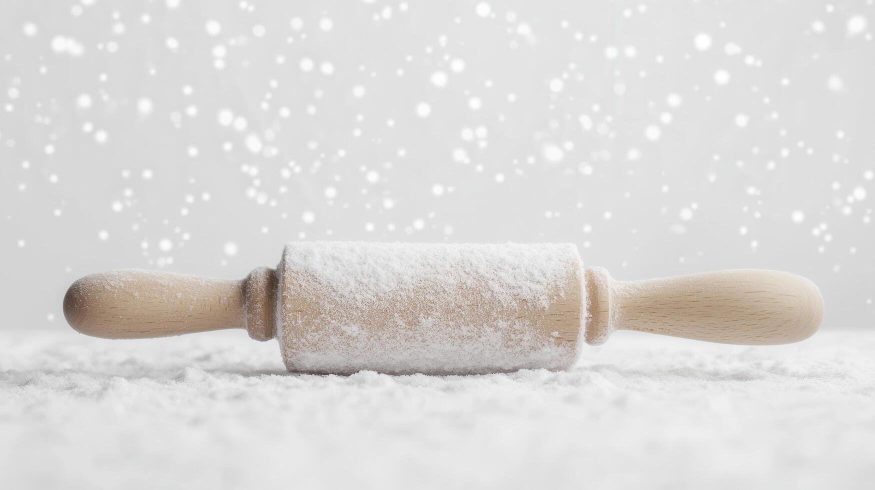 Rolling pin covered in flour on a snowy surface creating a festive baking atmosphere photo
