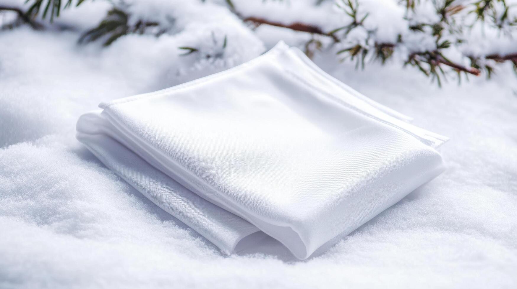 Snow-covered white cloth rests gently on a blanket of fresh snow under evergreen branches during winter days photo