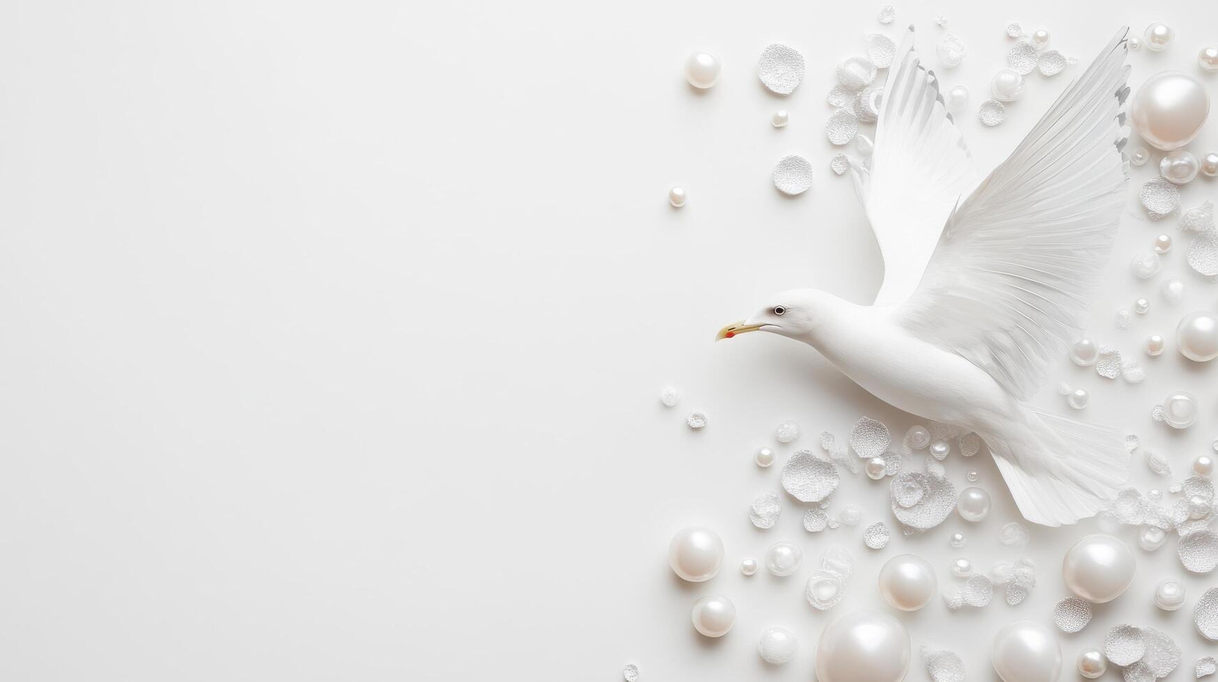 Elegant white dove surrounded by pearls and water droplets on a soft white surface photo
