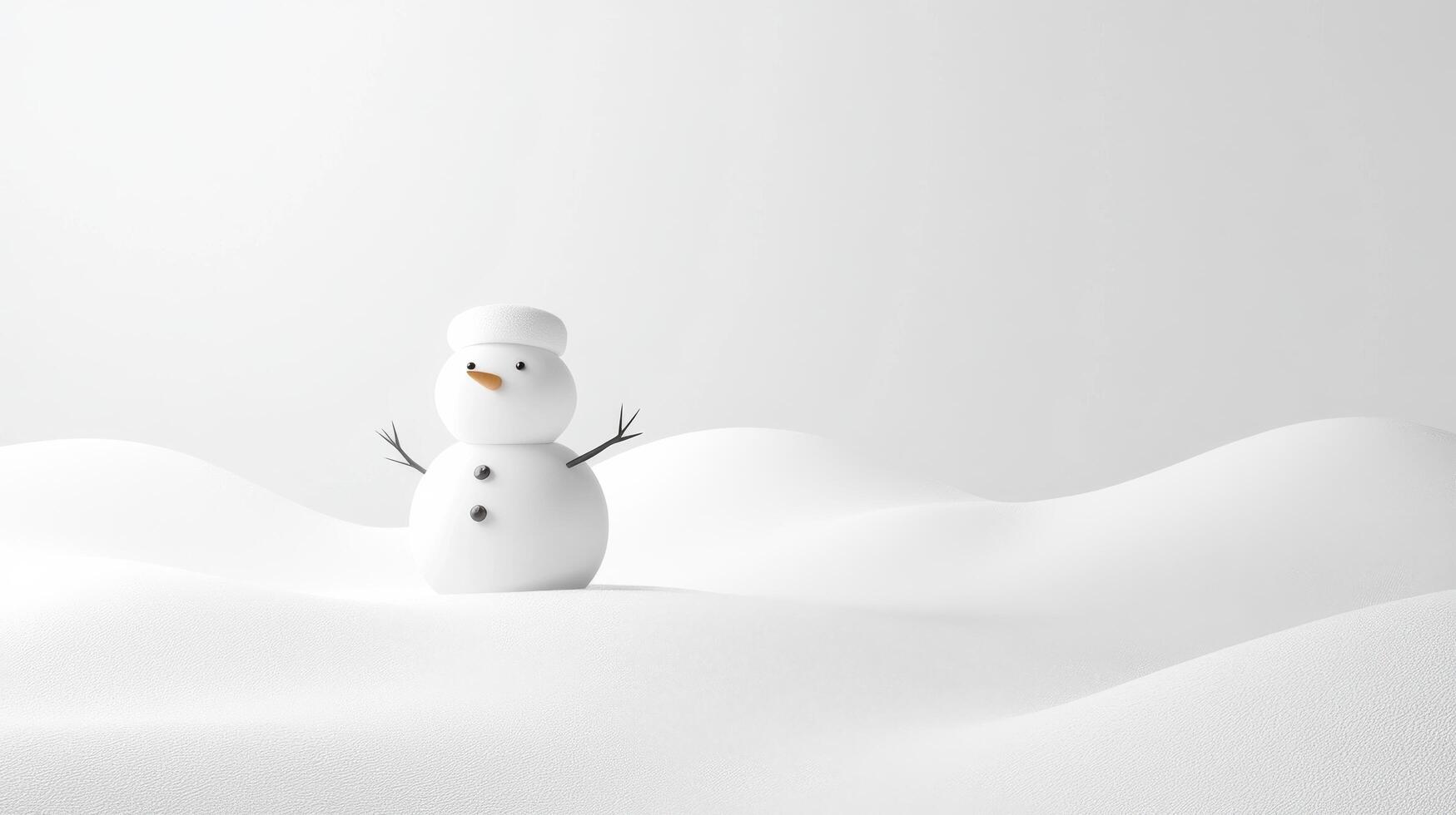 Snowman stands cheerfully in a serene winter landscape with smooth snow drifts under a soft light photo