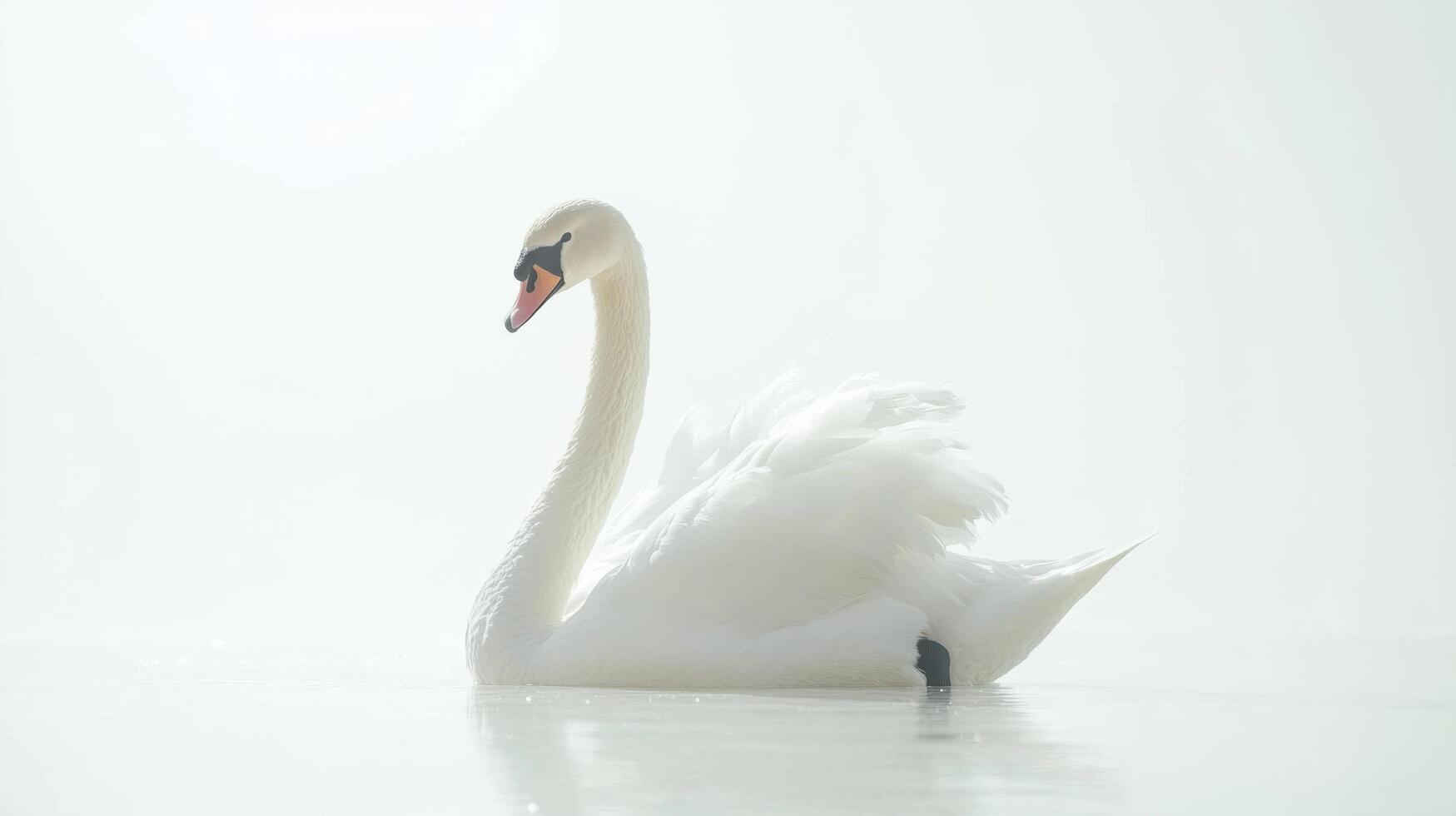 Elegant white swan gliding gracefully across a serene, misty lake during early morning hours photo