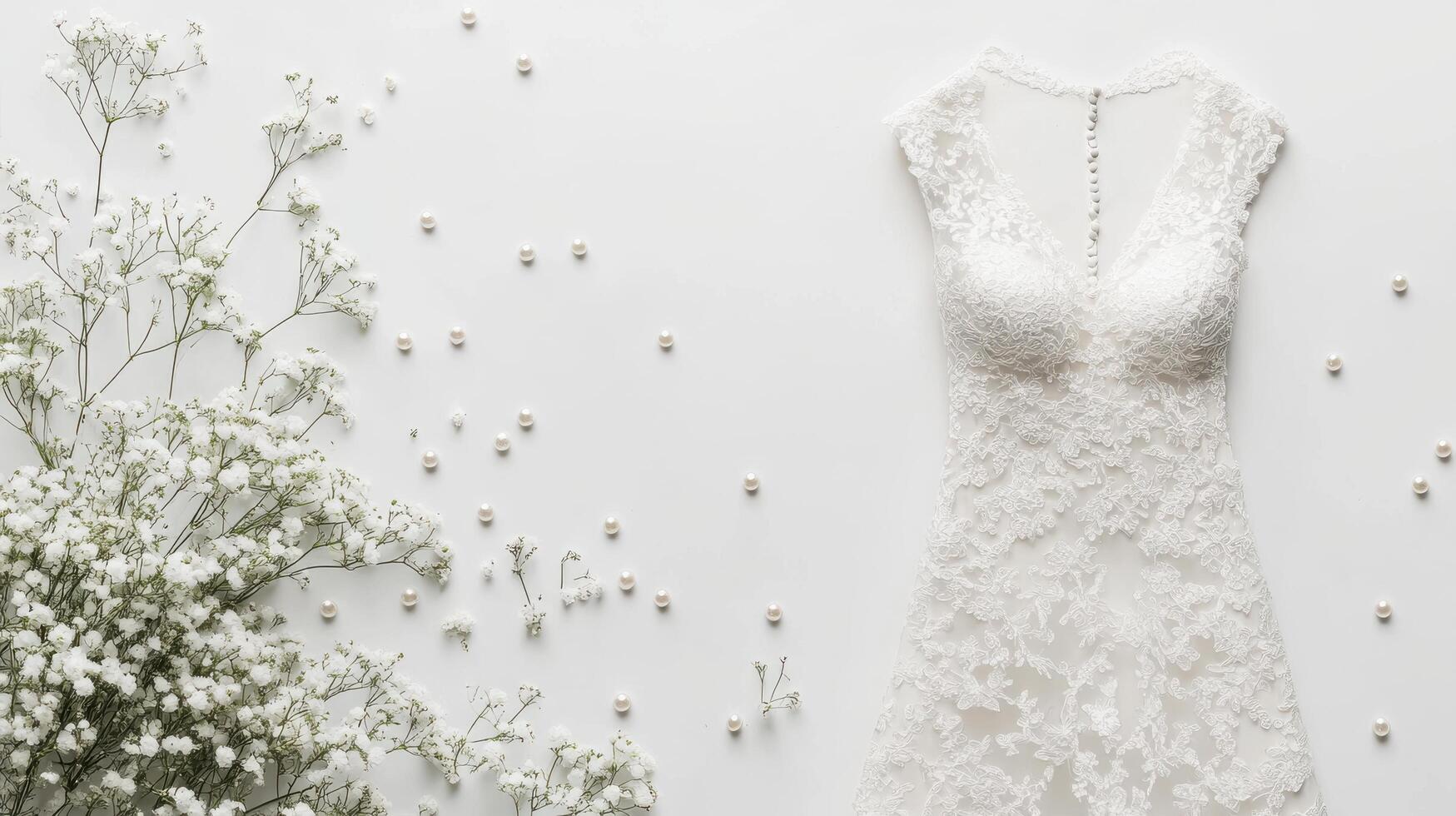 Elegant lace wedding dress displayed with delicate blooms and pearls against a soft background photo