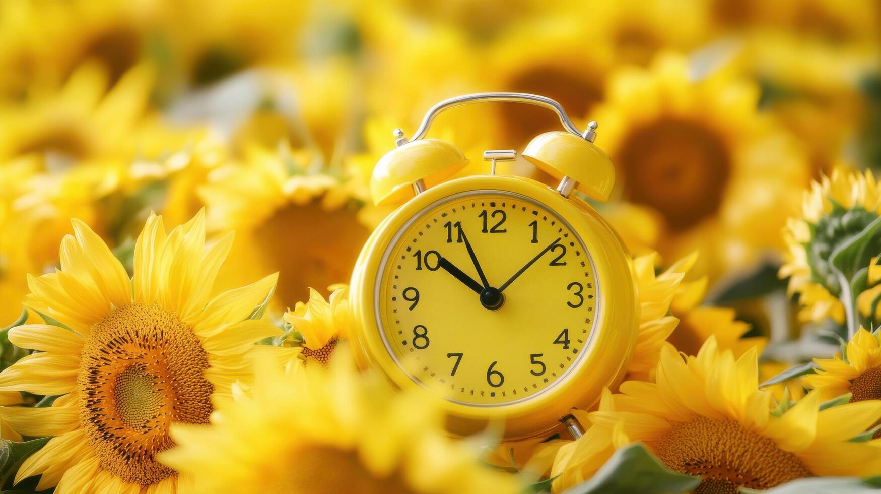 Bright yellow clock sits amidst vibrant sunflowers in a sunny garden setting on a warm summer day photo