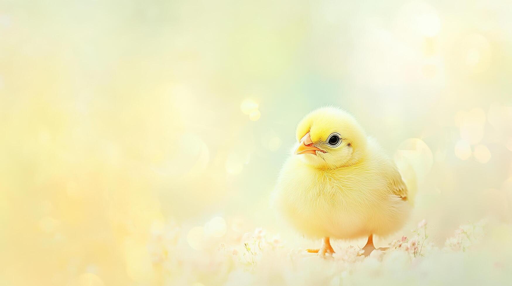 Cute yellow chick stands alone against a soft, pastel background, highlighting its fluffy feathers and curious gaze photo