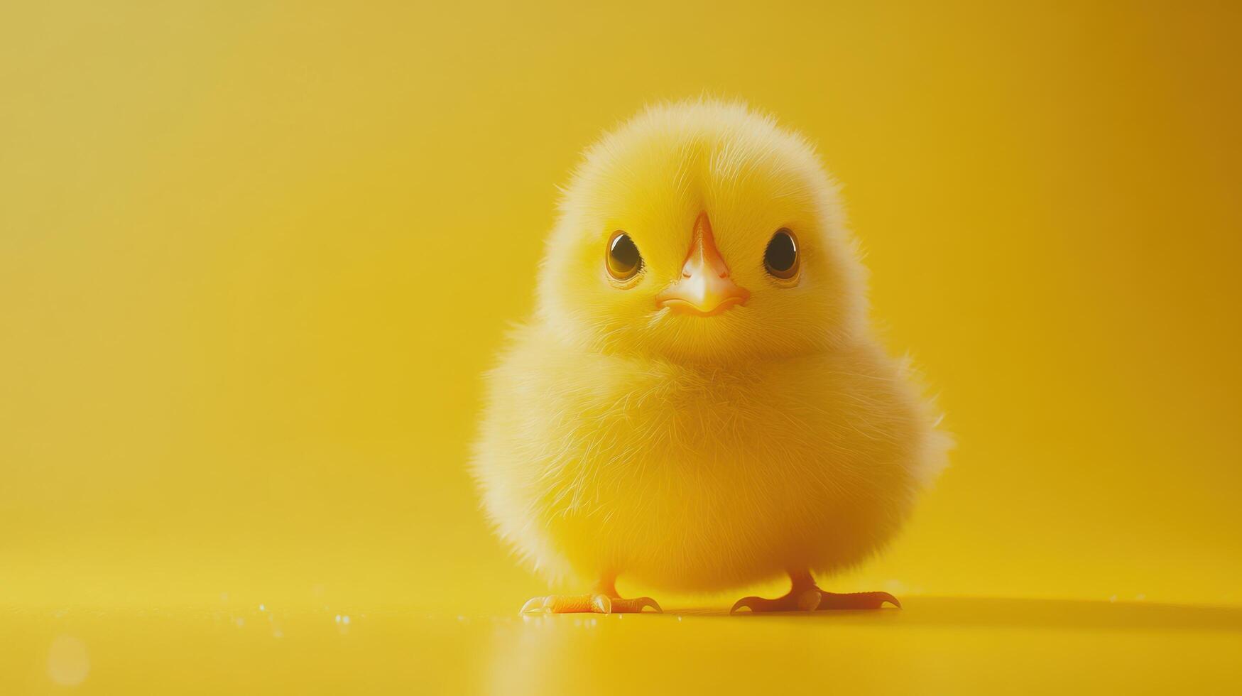 Cute yellow chick standing against a bright yellow background in a warm setting photo