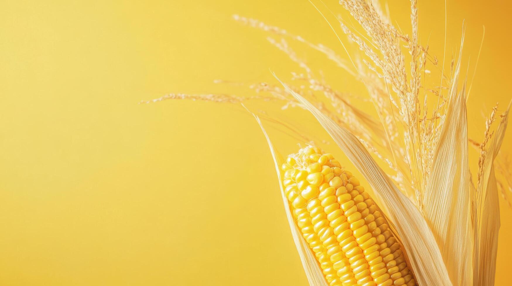 Vibrant close-up of a golden corn cob with dried grasses against a sunny yellow background photo