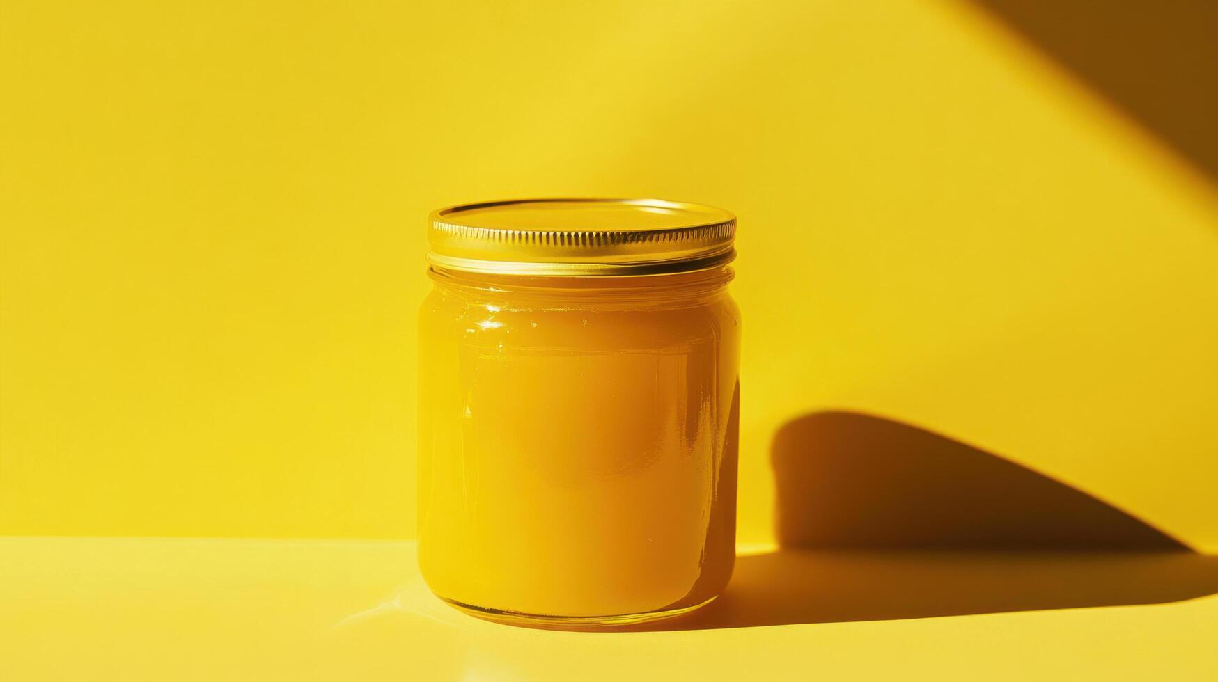Bright yellow jar filled with vibrant mustard placed against a matching yellow background in soft natural light photo