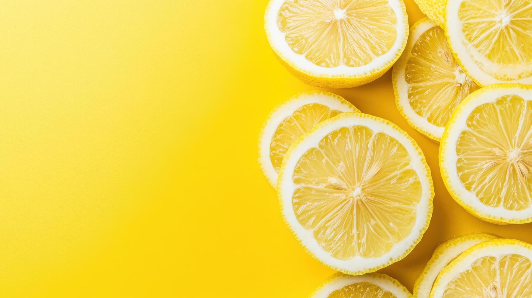 Fresh lemon slices arranged on a vibrant yellow background for culinary inspiration and decoration photo