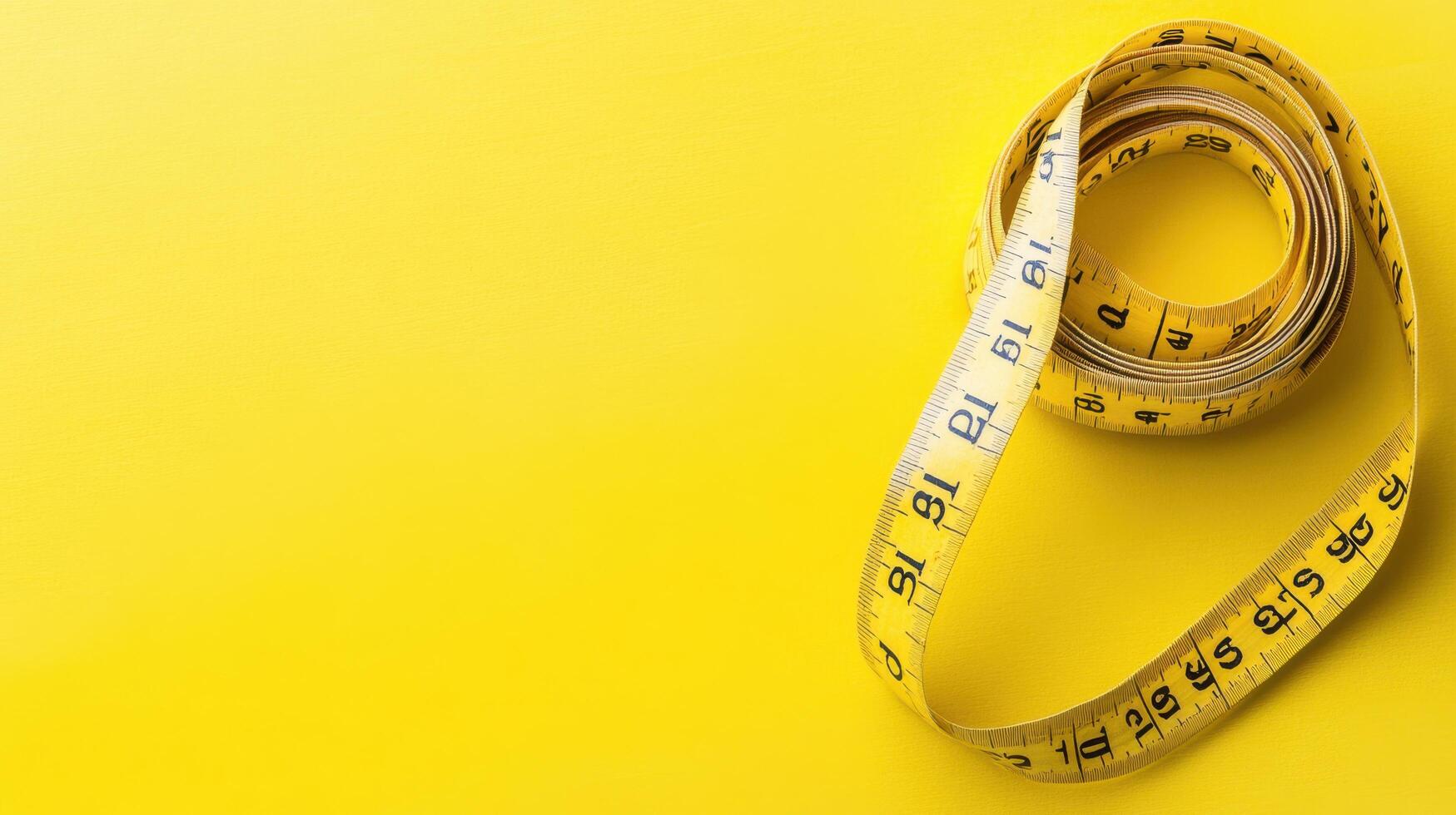 Yellow measuring tape lying on a vibrant yellow background for design and crafting inspiration photo