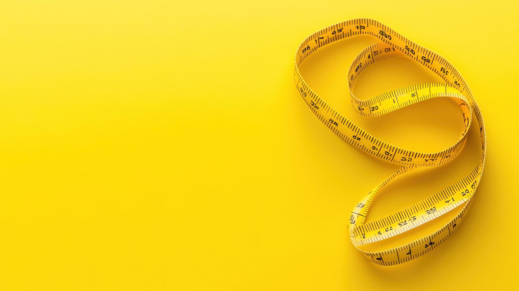 Yellow measuring tape curves elegantly over a bright yellow background, revealing the importance of precision and design in various projects photo