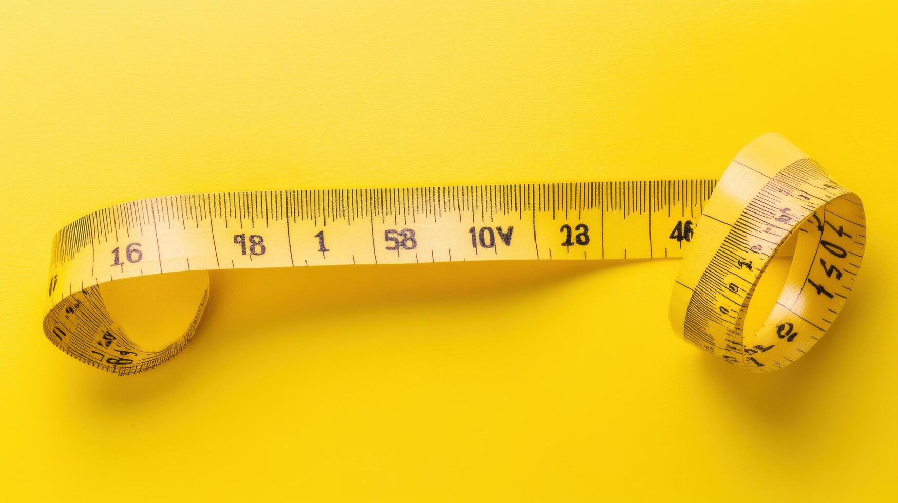 Flexible yellow measuring tape curled on a bright yellow background reveals precise measurements for various projects photo