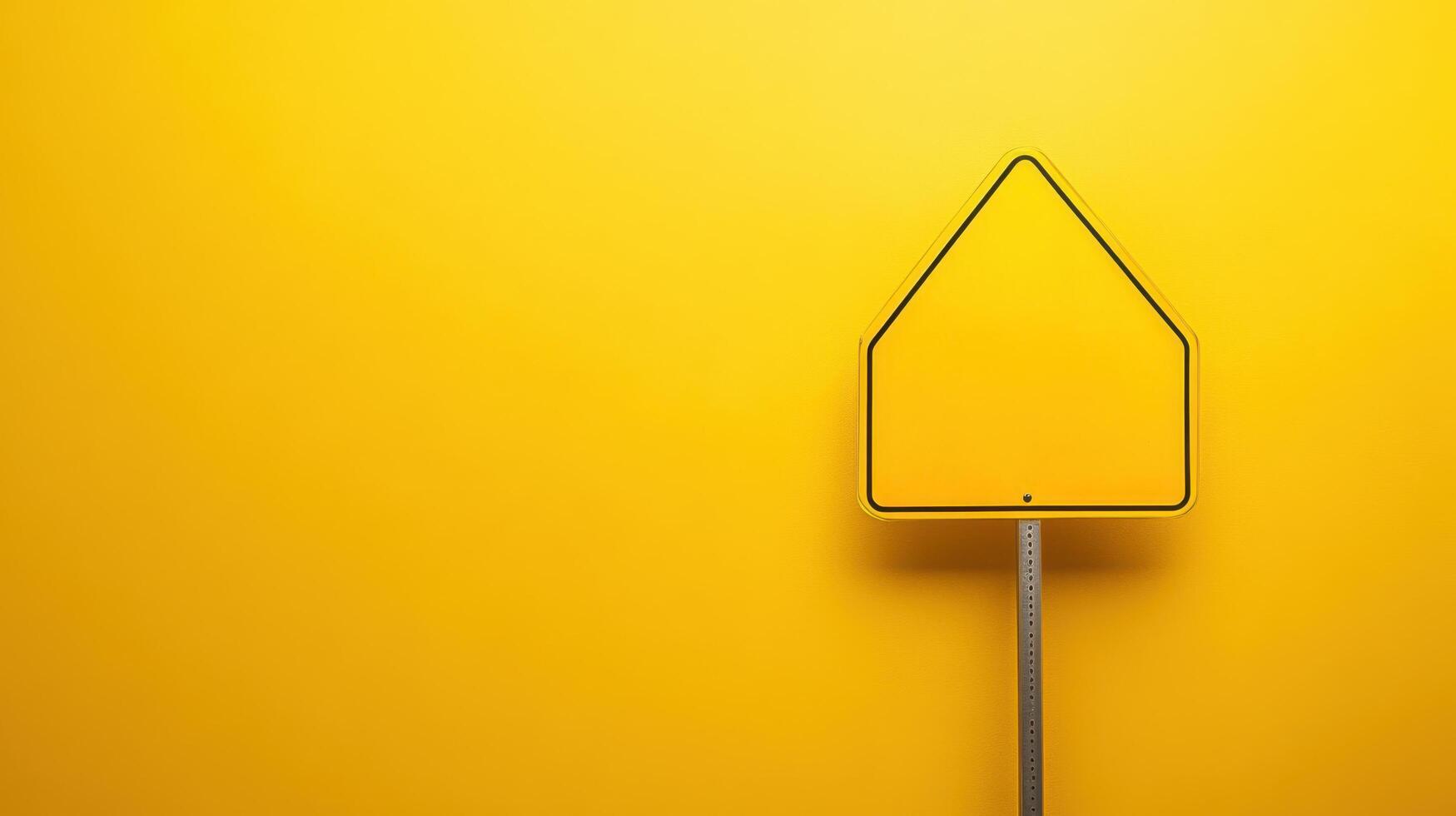Bright yellow triangular sign against a vibrant yellow wall in a minimalistic urban setting photo