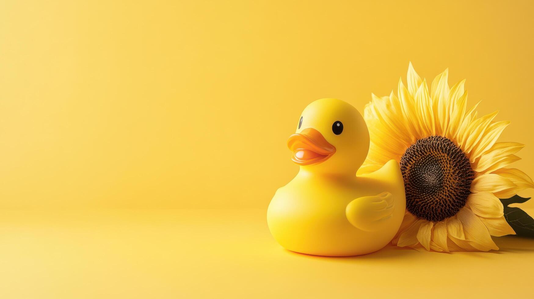 Bright yellow rubber duck beside a sunflower against a cheerful yellow background photo