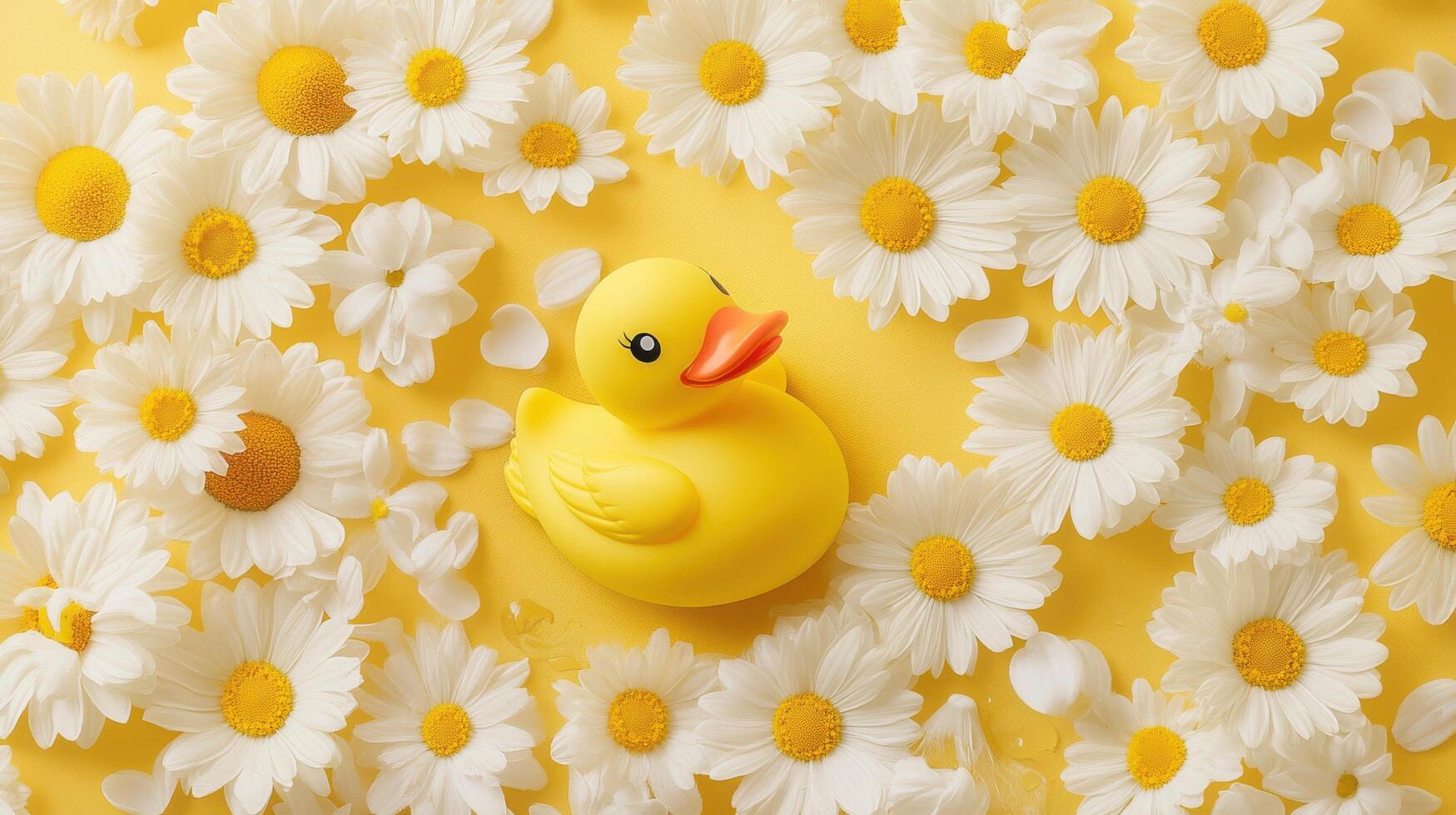 Yellow rubber duck surrounded by white daisies on a bright yellow background creates a cheerful ambiance photo