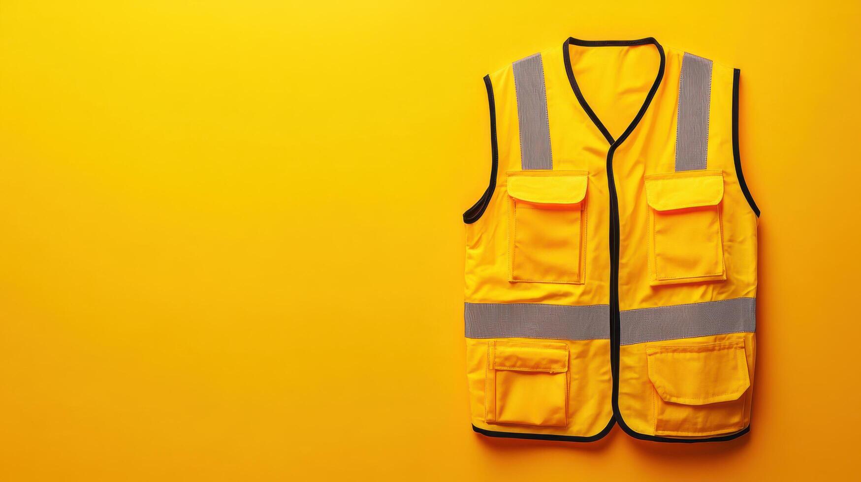 Bright yellow safety vest displayed on a vibrant yellow background, emphasizing visibility and utility in various work environments photo