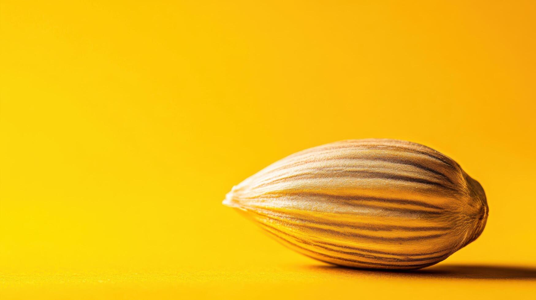 Uniquely shaped nut rests on a vibrant yellow surface highlighting its texture and curves photo