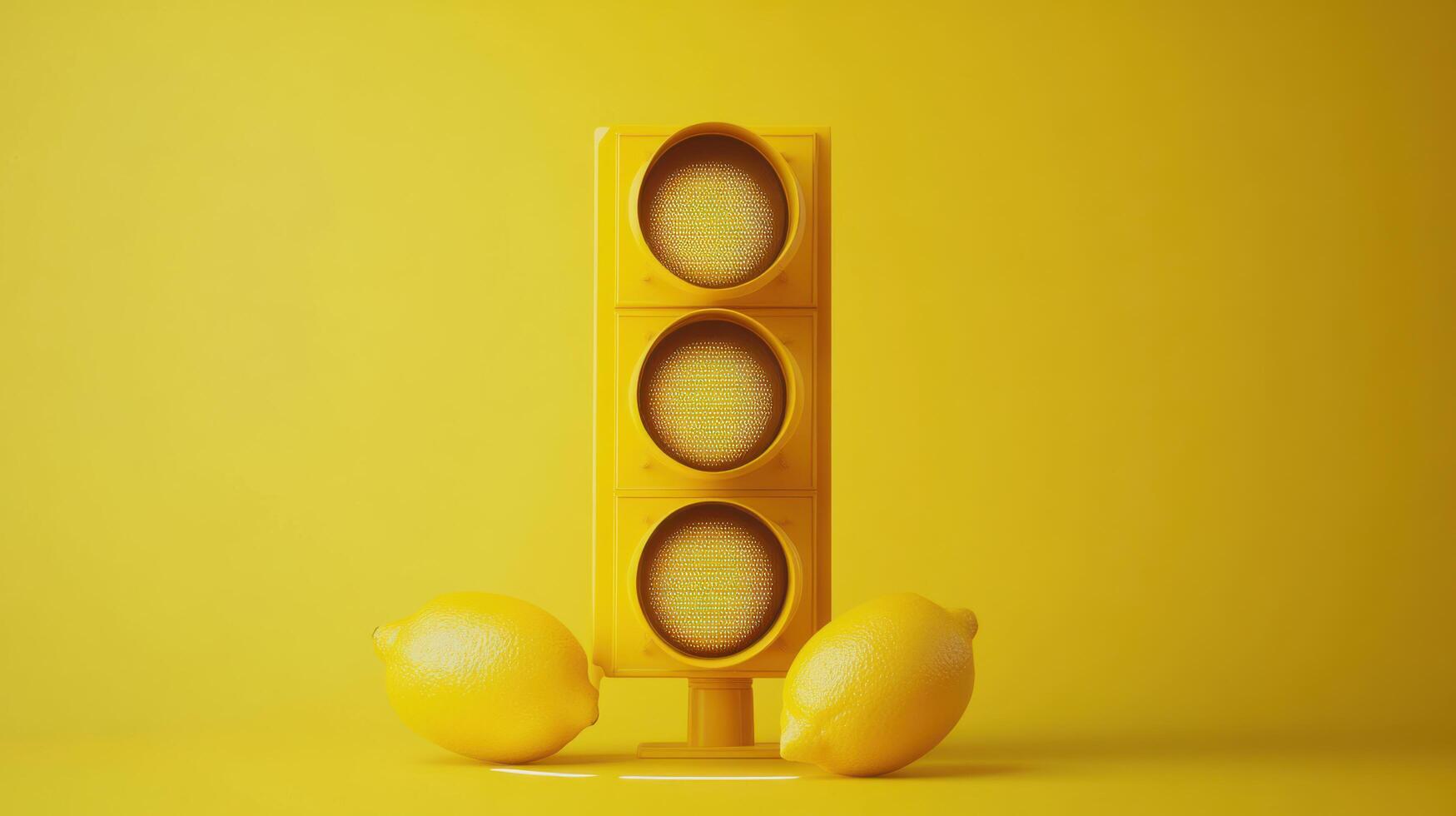 Bright yellow traffic light with lemons on a vivid yellow background creating a playful impression photo