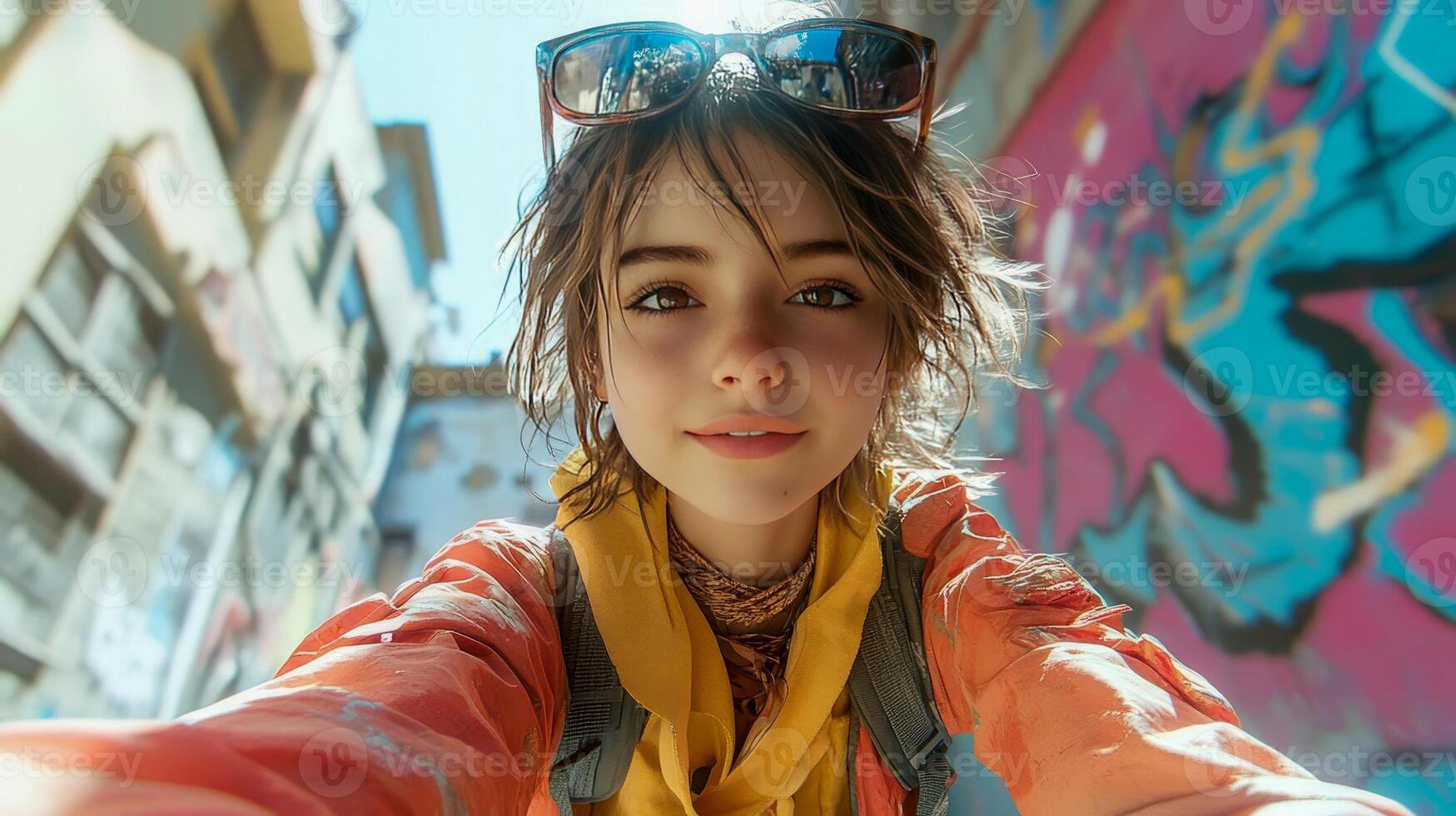 A girl takes selfies in front of the walls in graffiti photo