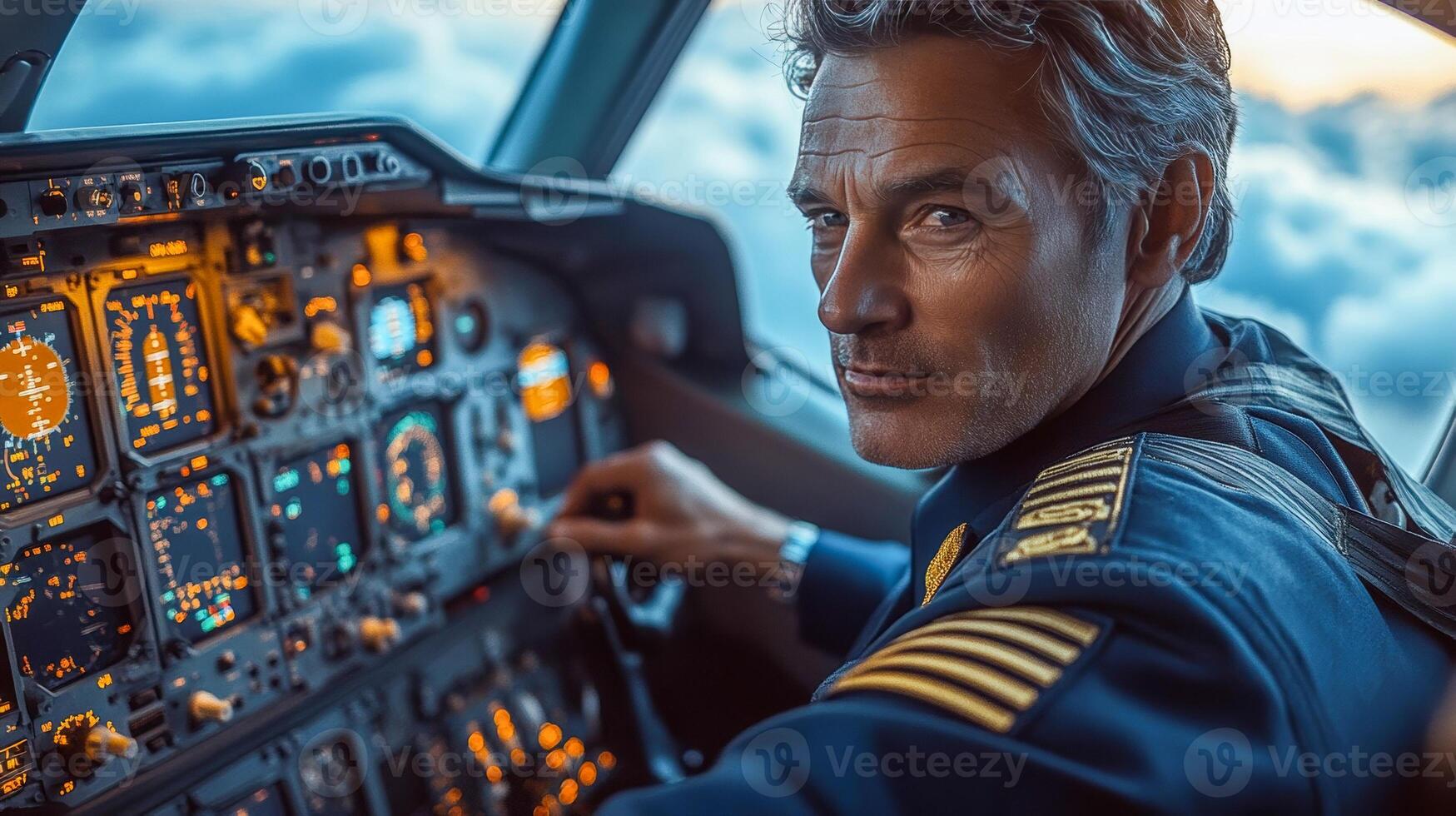 Close-up of an airplane pilot in the cockpit adjusting control instruments photo