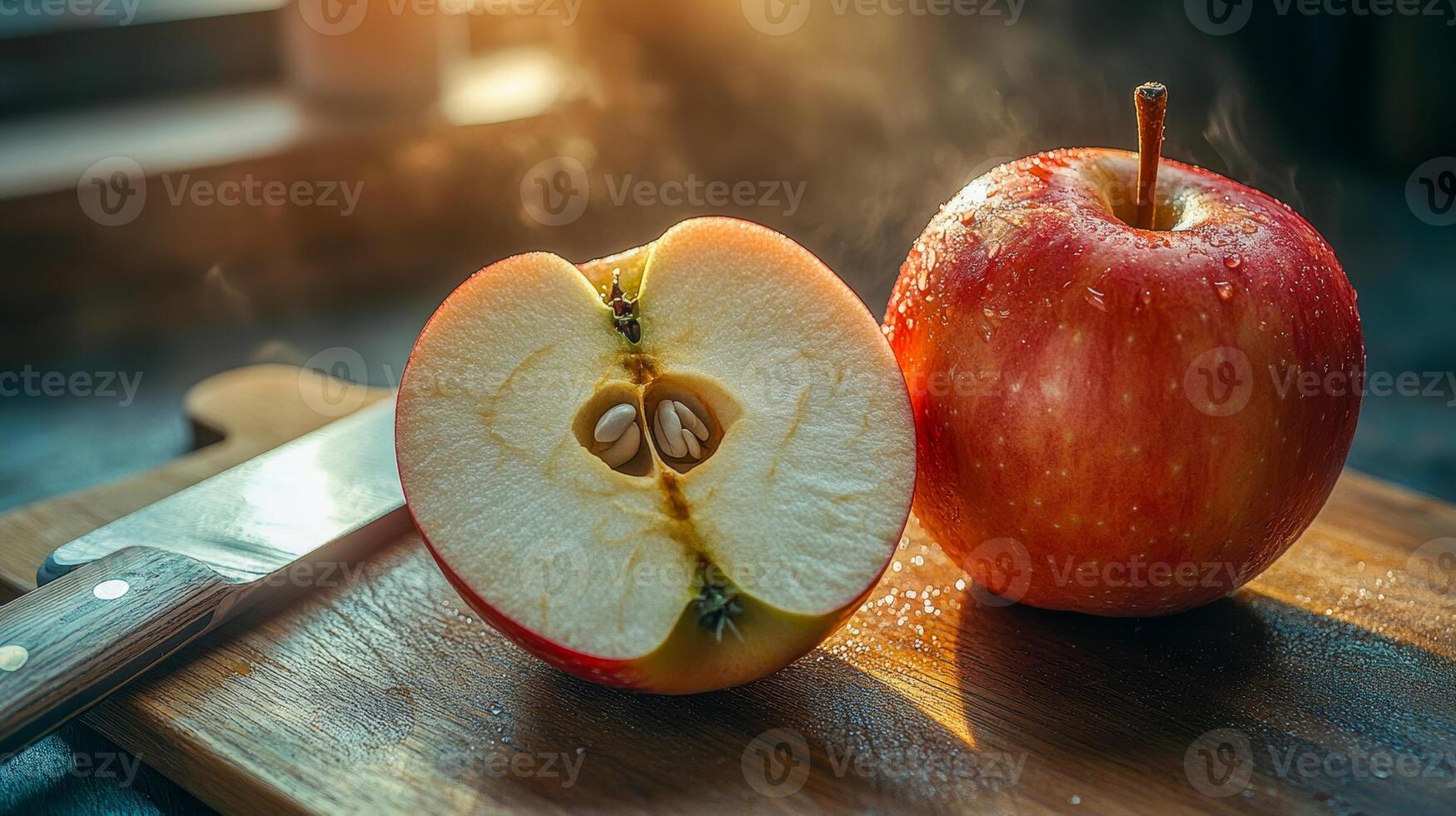 On the cutting board there is a cut apple with white pulp and seeds photo