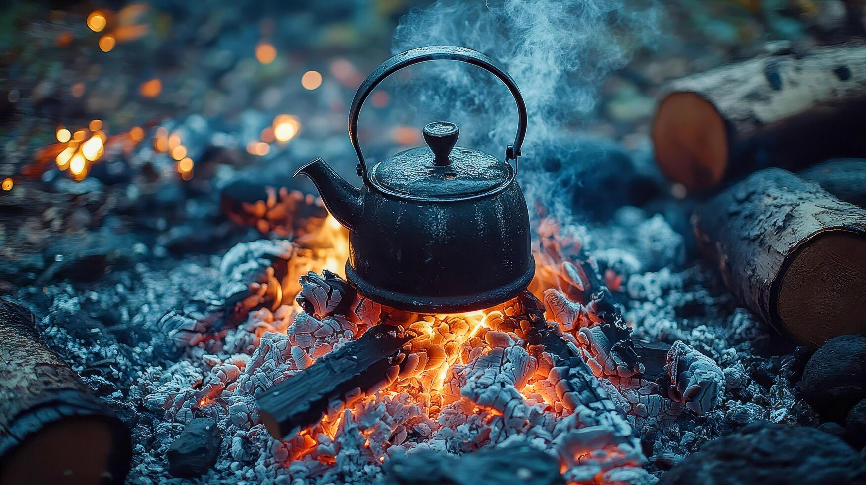 Close-up of a blackened kettle standing on a fire, with steam rising from its spout photo
