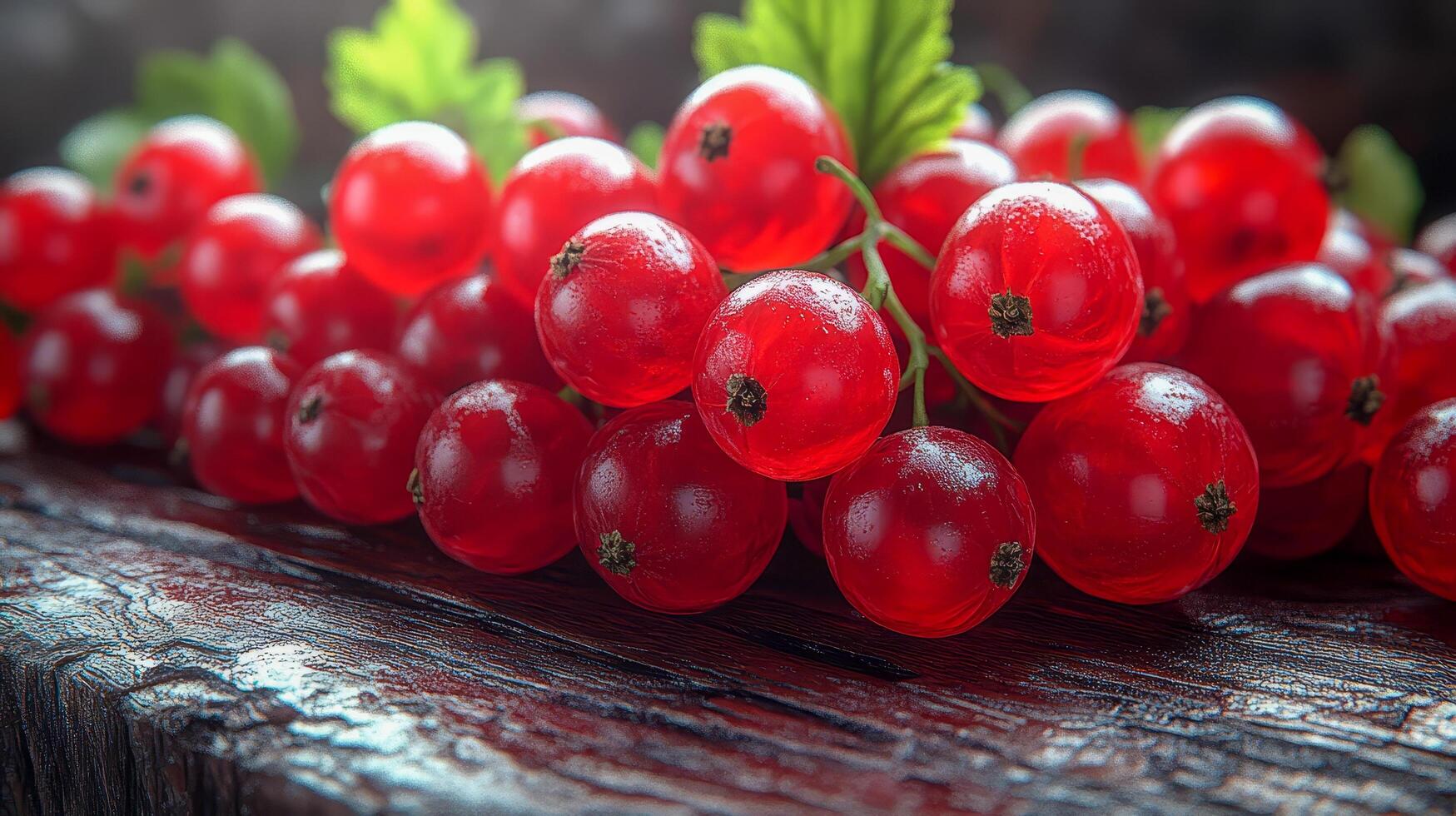 A handful of red currants lies on a wooden table photo
