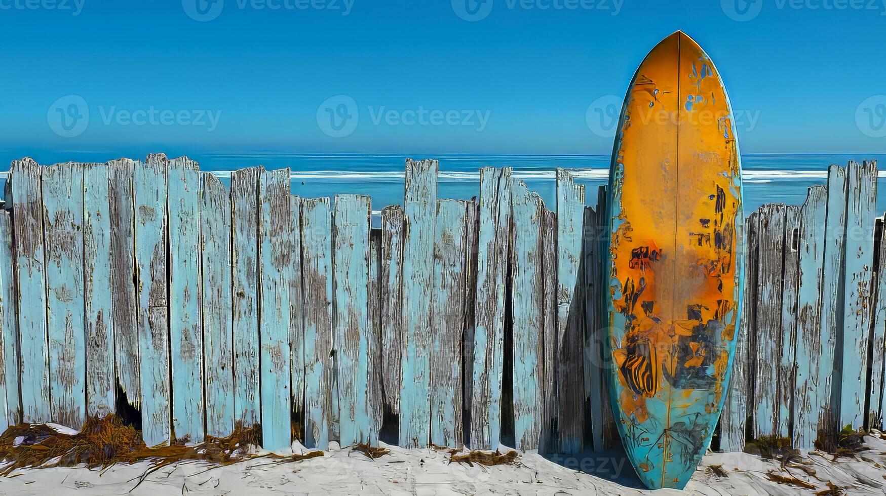A surfboard leaning against a wooden fence photo