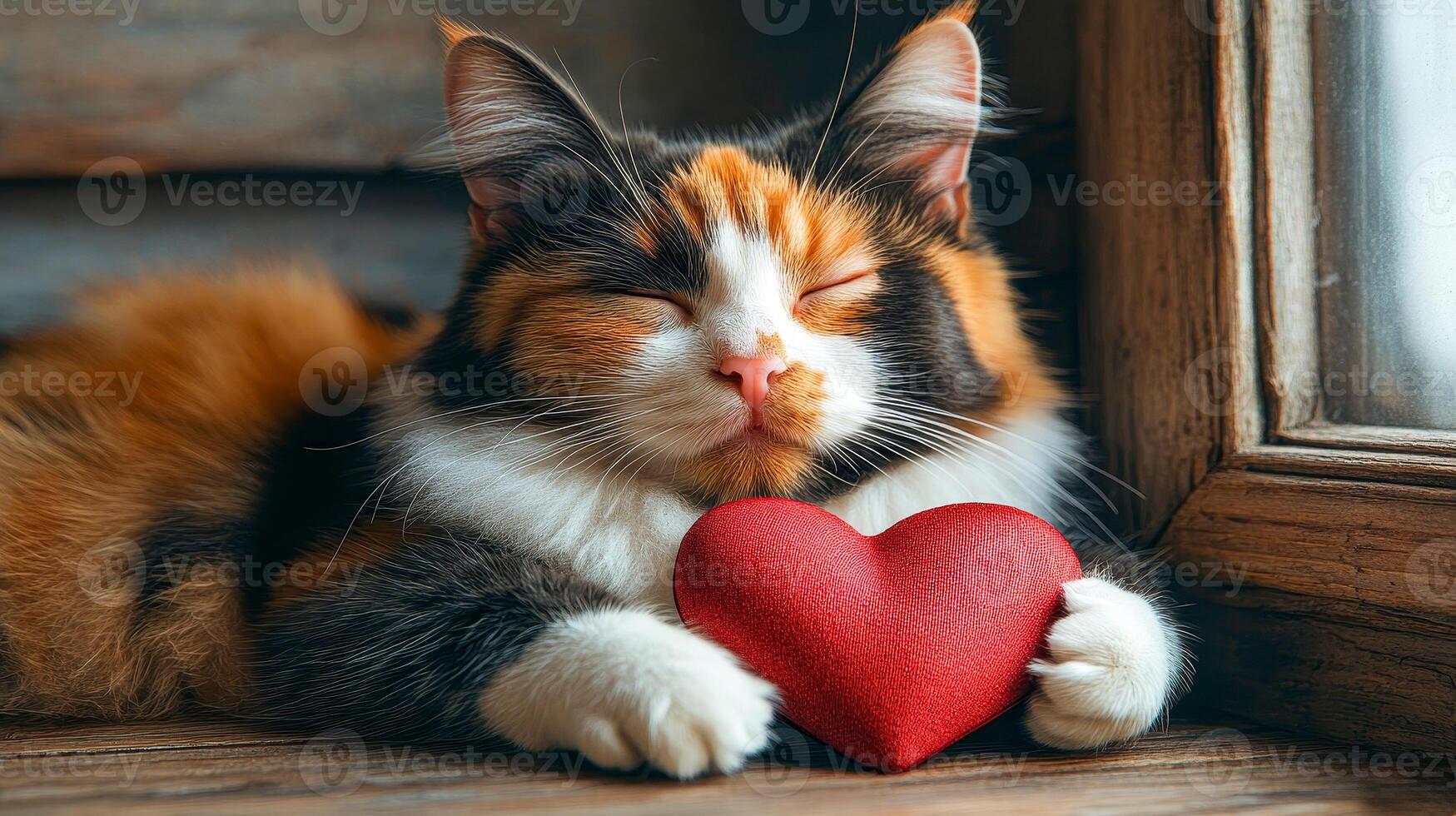 A calico cat lies on a wooden floor and her paws gently hold a heart-shaped piece of fabric photo