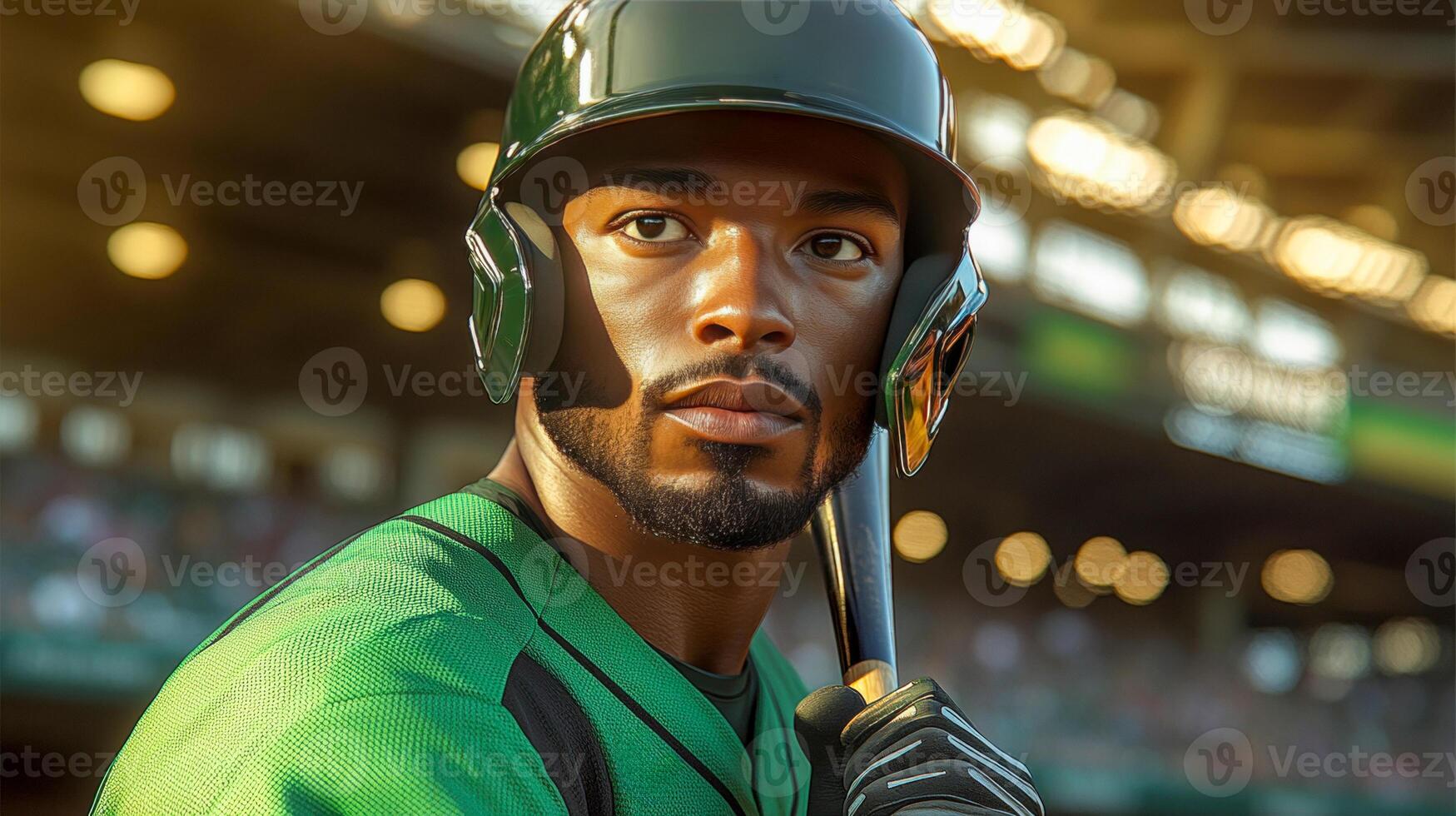 A baseball player in a green and black jersey and helmet holds a bat over his shoulder photo