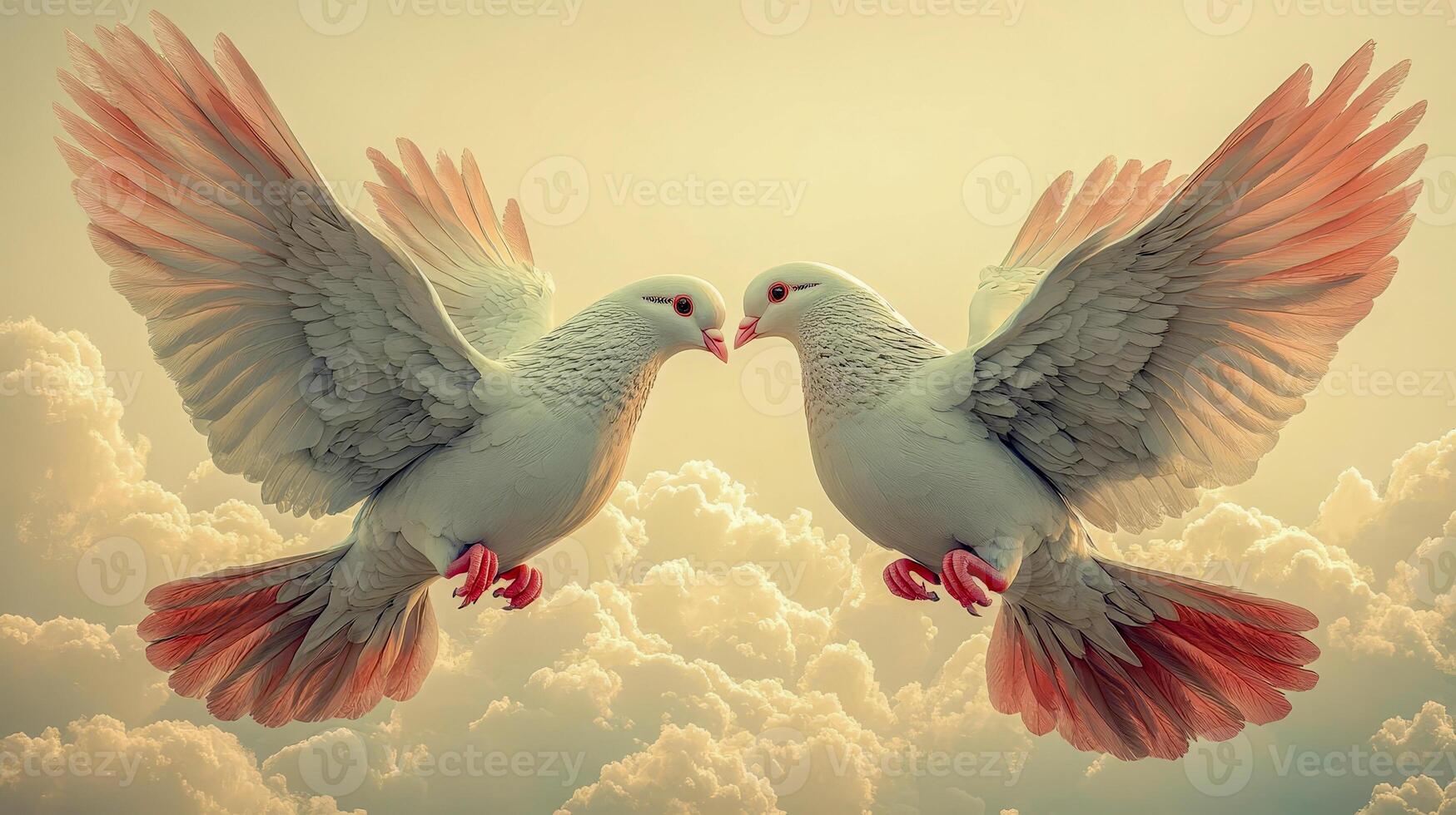 Two white doves in flight with spread wings photo