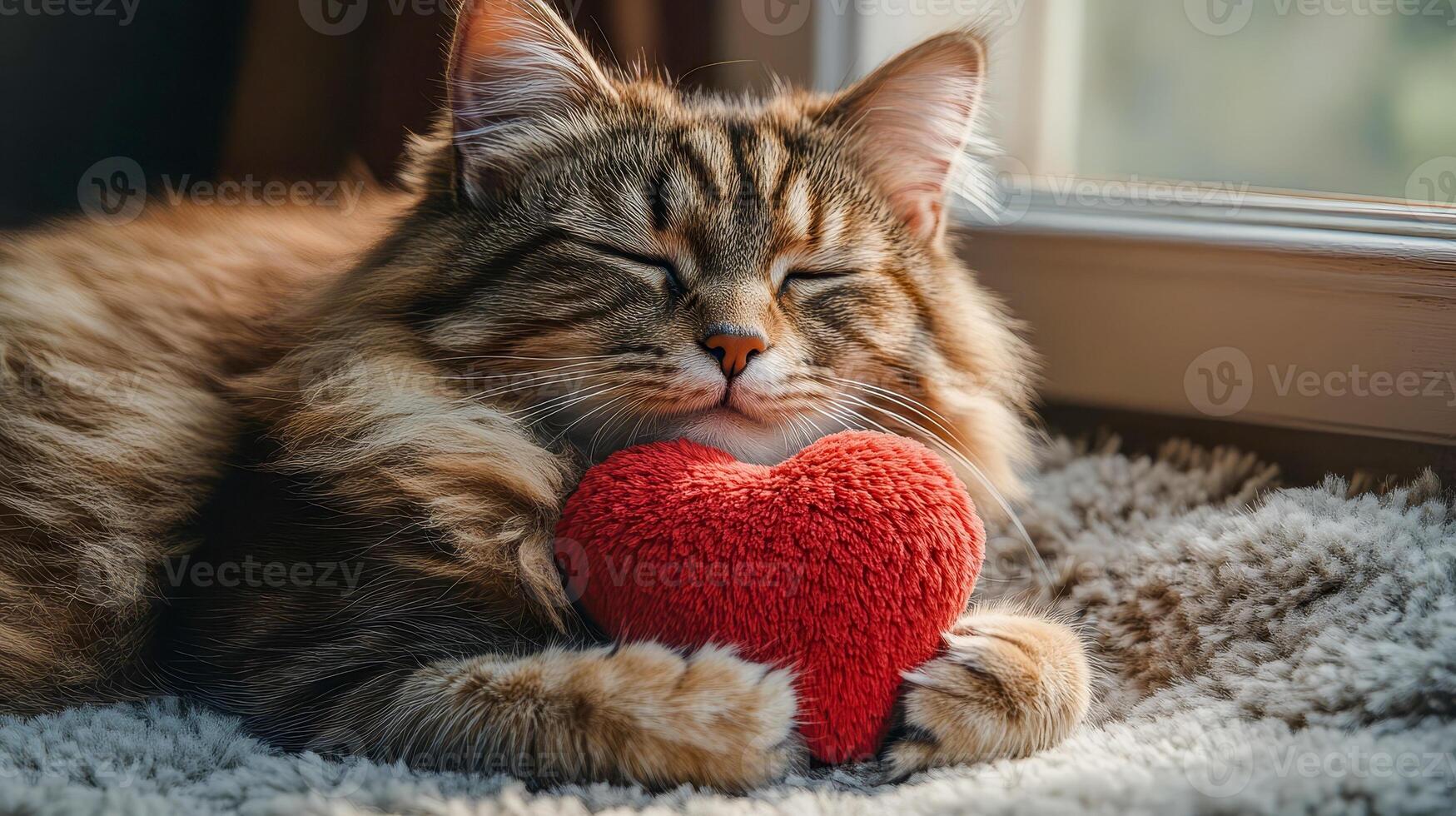 Fluffy ginger cat on a plush rug, front paws holding a red heart-shaped plush toy photo
