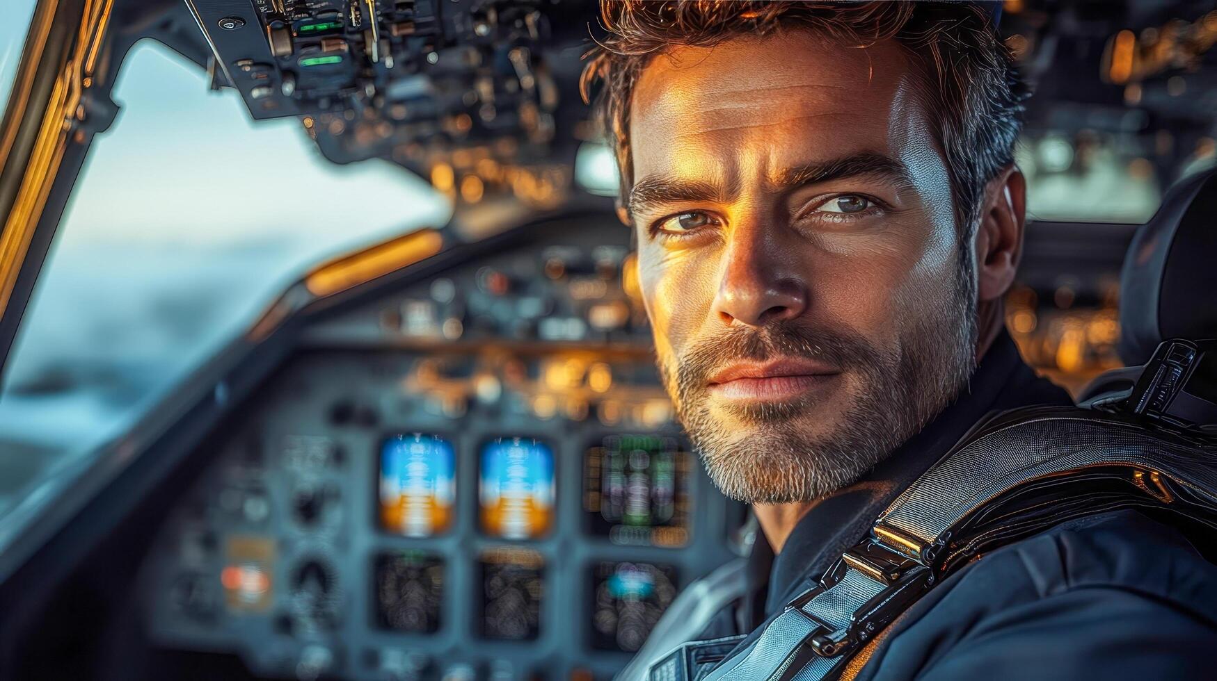 Close-up of a confident airplane pilot in a neat uniform photo