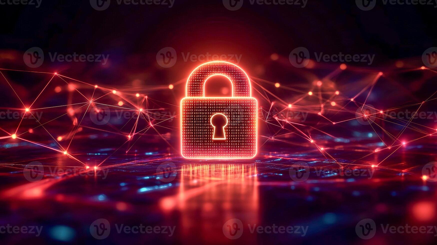 A luminous digital lock icon in an abstract network of interconnected lines and nodes photo