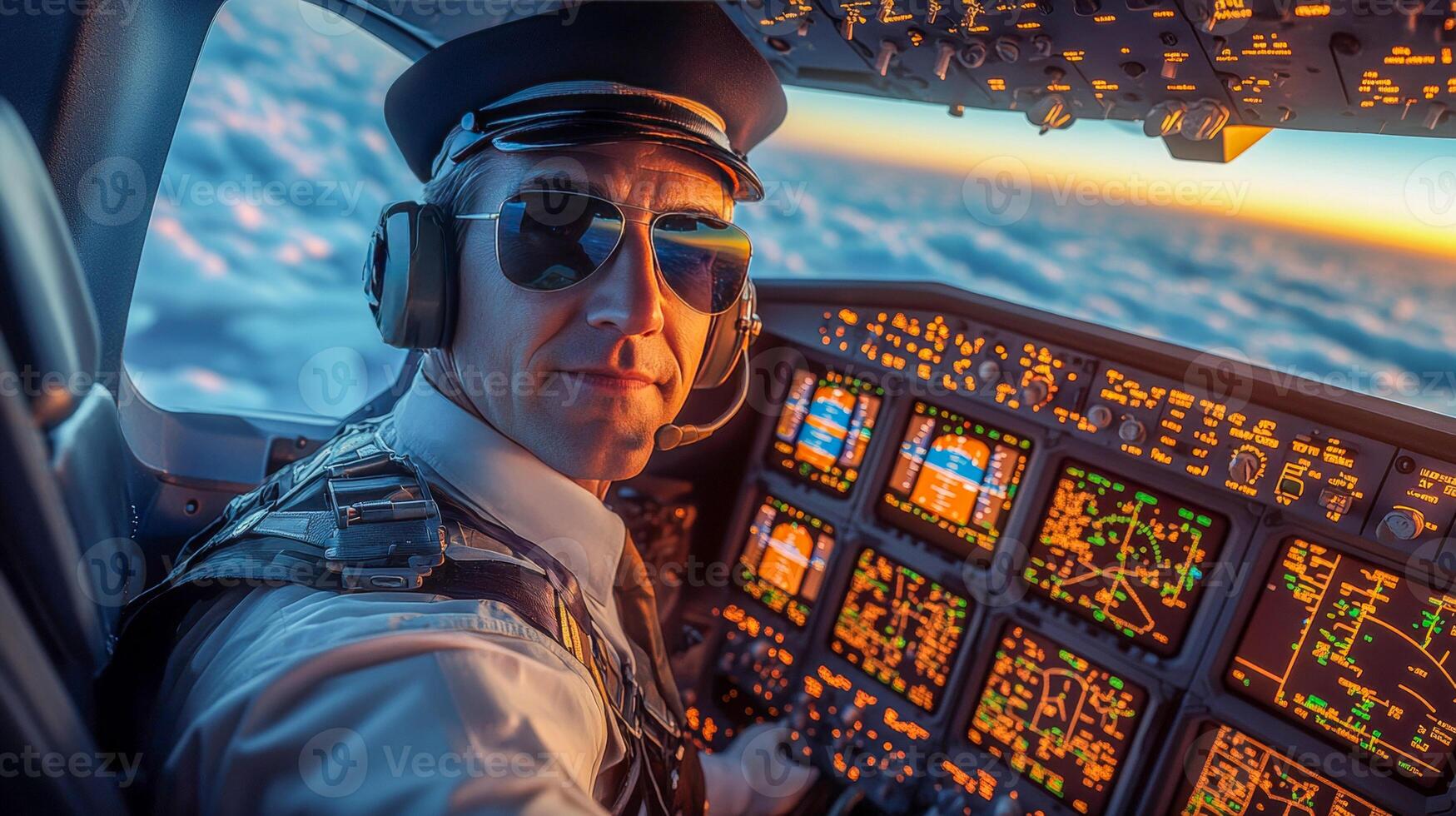 Professional airplane pilot in sunglasses and captain's cap photo