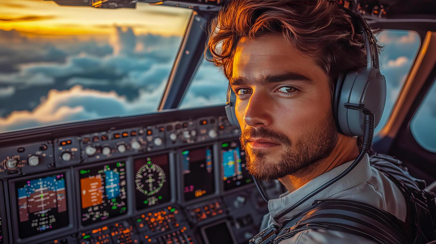 A focused airplane pilot with a headset sitting at the controls of a commercial airliner photo