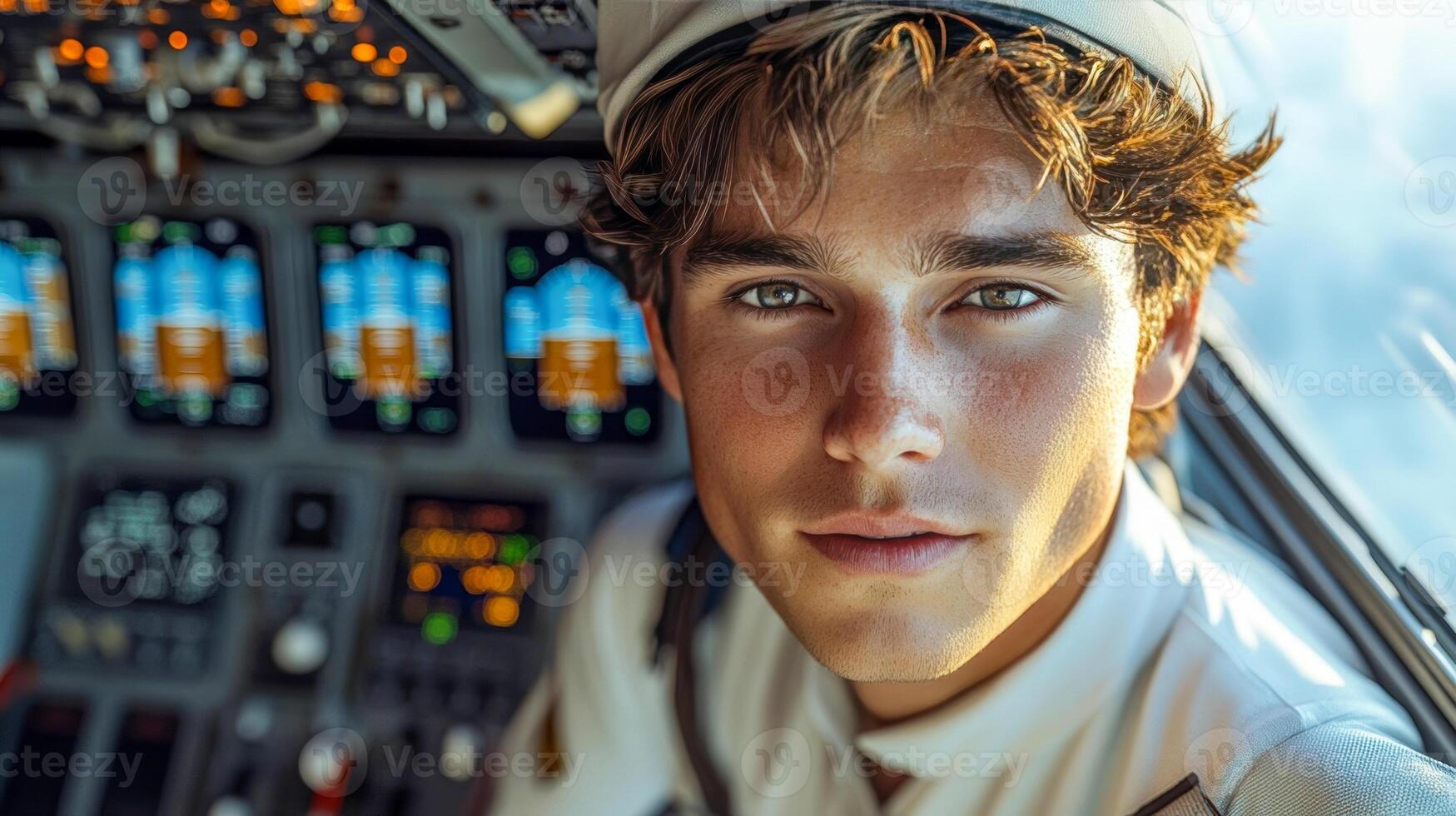 The young pilot of the plane is wearing a white uniform shirt and captain's cap photo