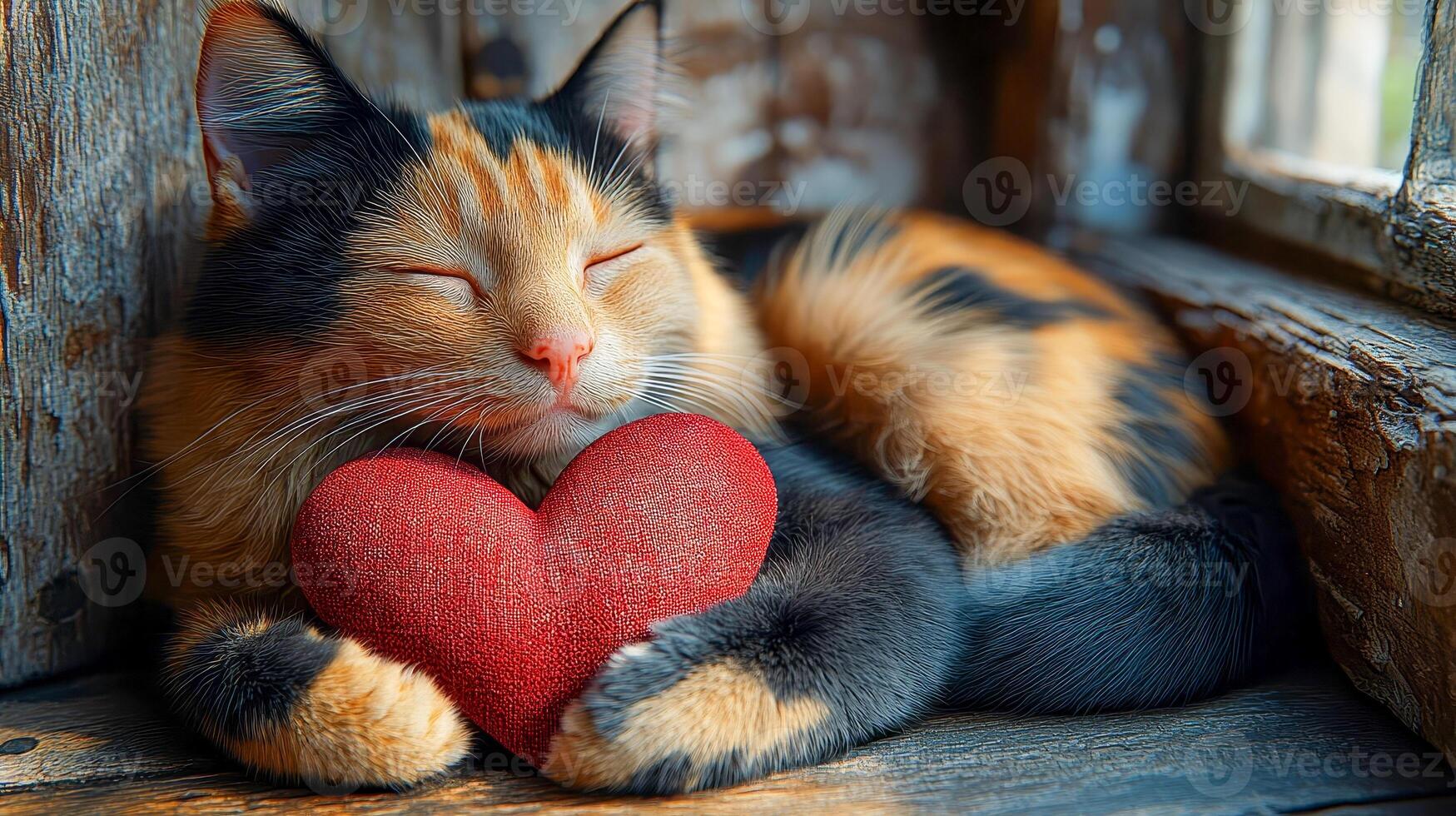 A tri-colored cat lies on a wooden floor, and its paws gently hold a heart-shaped piece of cloth. photo