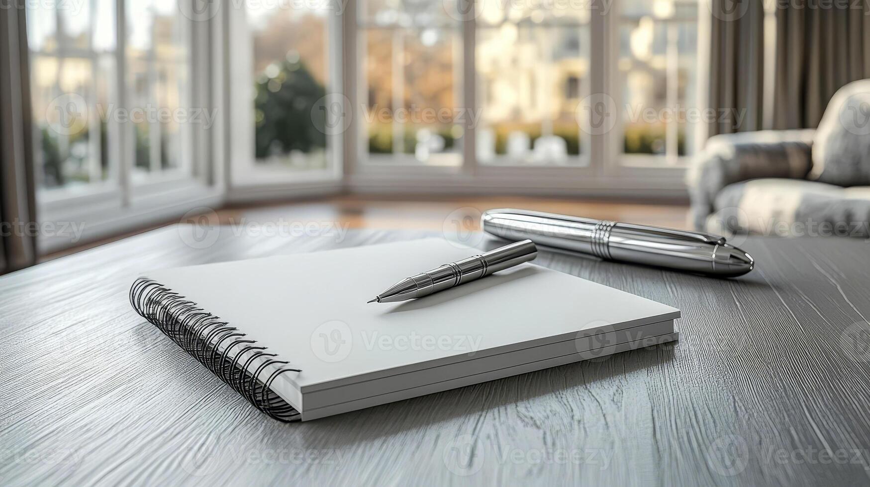 A notebook rests on the table with a pen and pencil photo