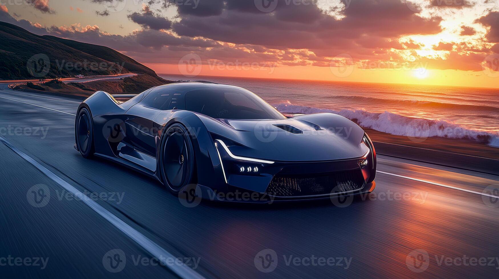 A high-performance electric sports car rushes down a coastal highway at dusk photo